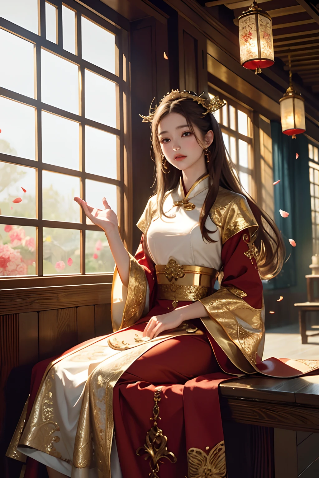best quality, masterpiece, highres, (exquisite body:1.5),gorgeous face,(milky skin:1.3),intricate details,high resolution,wallpaper,
1girl, solo, dress, hair ornament, (((gold and red dress))), flowers, long hair, brown hair, closed mouth, jewelry, long sleeves, hand up, wide sleeves, big eyes,floating hair, chinese clothes, hanfu, embroidery, long skirt, natural pose, falling petals, indoor,fanning, lantern,
16K,HDR,highres,depth field,(film grain:1.1),boken,golden hour,(lens flare),vignette,rainbowing,(color grading:1.5)
