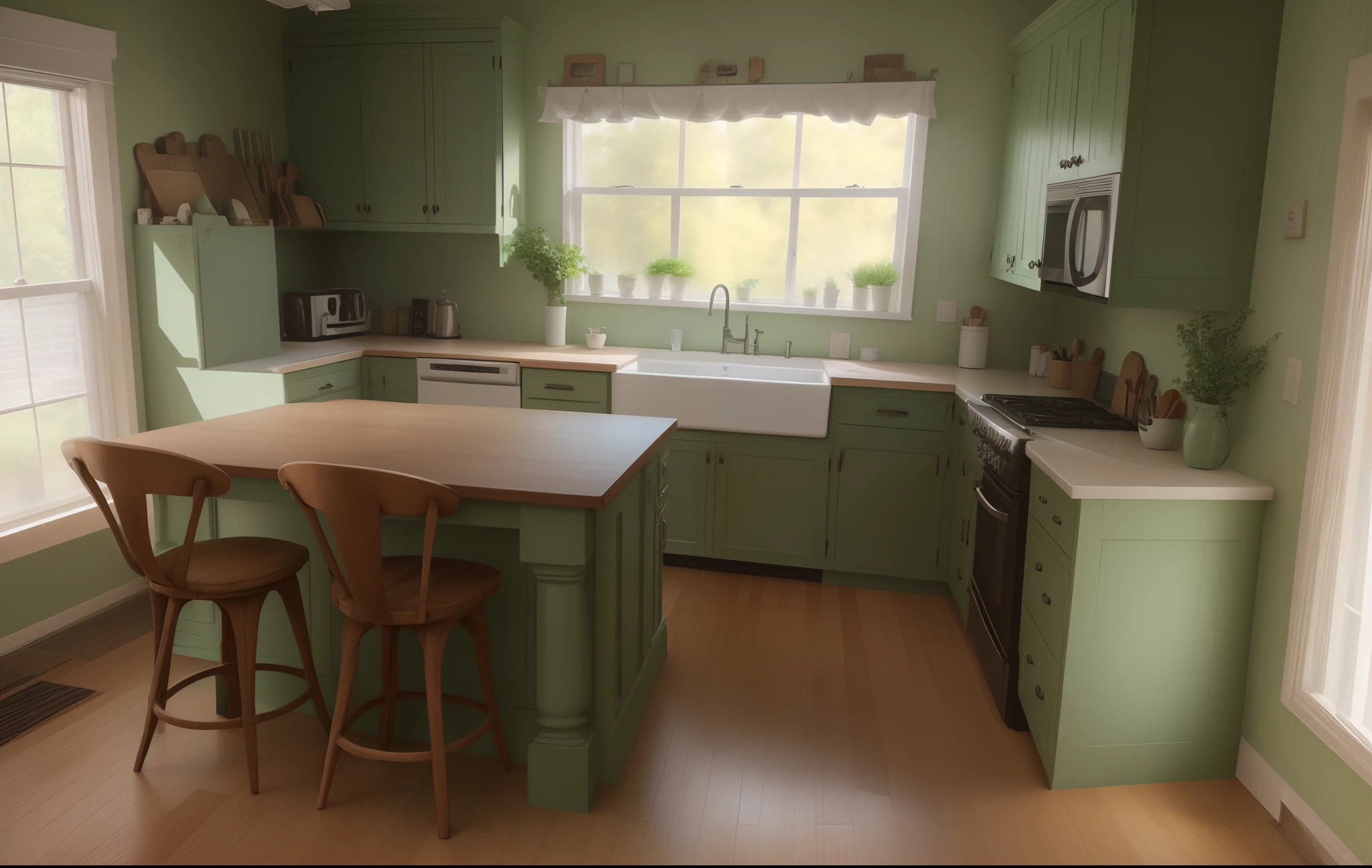 12x12 kitchen. U shaped kitchen. 2 walls with upper and base cabinets. One wall with counter height Island, has wooden bar stools. Moody green paint with white countertops. Only one window on the back wall with sink underneath