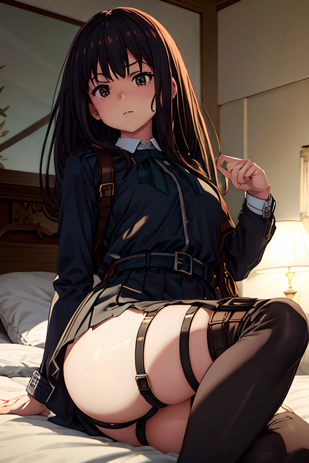 masterpiece、flat-colors、depth of fields、lens flare 1 girl、、Brown hair、watching at viewers black suspenders Bulging big breasts Armpit sweat perspiring Side of both hands walls: Black miniskirt garters Gaze Small face bangss flank holster Belt Armament Beautuful Women srestrained Hands behind your back On the bed Leg holster lying on the bed