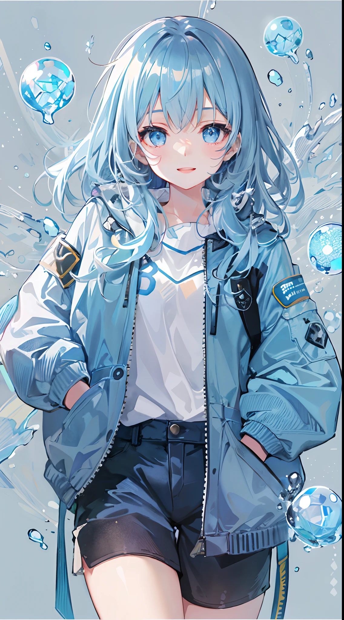 ((top-quality)), ((masterpiece)), ((ultra-detailliert)), (Extremely delicate and beautiful), girl with, 独奏, cold attitude,((Black jacket)),She is very(relax)with the(Settled down)Looks,A dark-haired, depth of fields,Evil smile,Bubble, under the water, Air bubble,bright light blue eyes,inner color with bright gray hair and light blue tips,,,,,,,Cold background,Bob Hair - Linear Art, shortpants、knee high socks、White uniform like school uniform、Light blue ribbon ties、Clothes are sheer、Hands in pockets、Bright eyes like sapphire,Fronllesse Blue, A small blue light was floating、Upper Eyes、glass shards、Snowflake eyes、fantastic eyes
