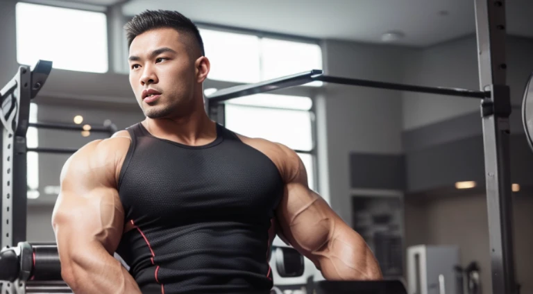 (Very detailed 8k wallpaper), Strong Asian Men, At the gym, high detailing, buzzcut, very large and strong body, bulging muscles, well-muscled, very large pectoral muscles. Very sexy abs, legs are muscular, Toned figure, lightens oily skin, muscular, Tank top, T-shirt, longshot, Wide Shot