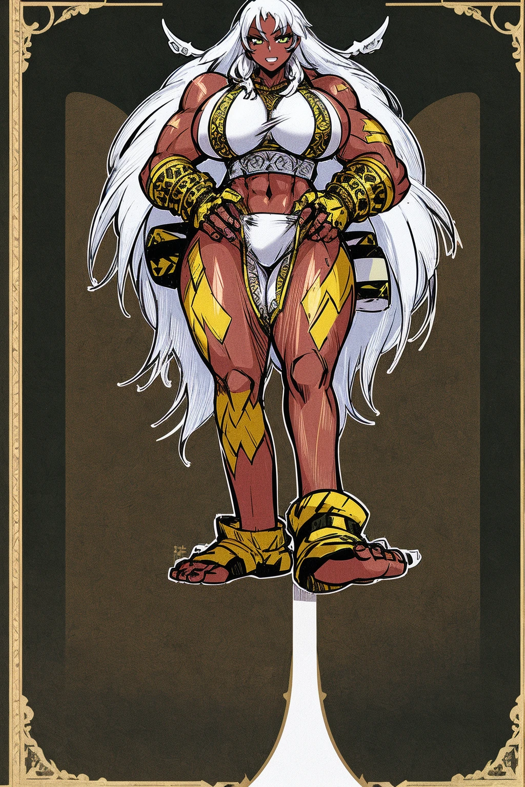 blond hair, darkskinned-female, musclegirl, crazy smile, babarian, revealing cloths, long hair, living hair, red eyes, full body feet, angel wings, leopard cloths