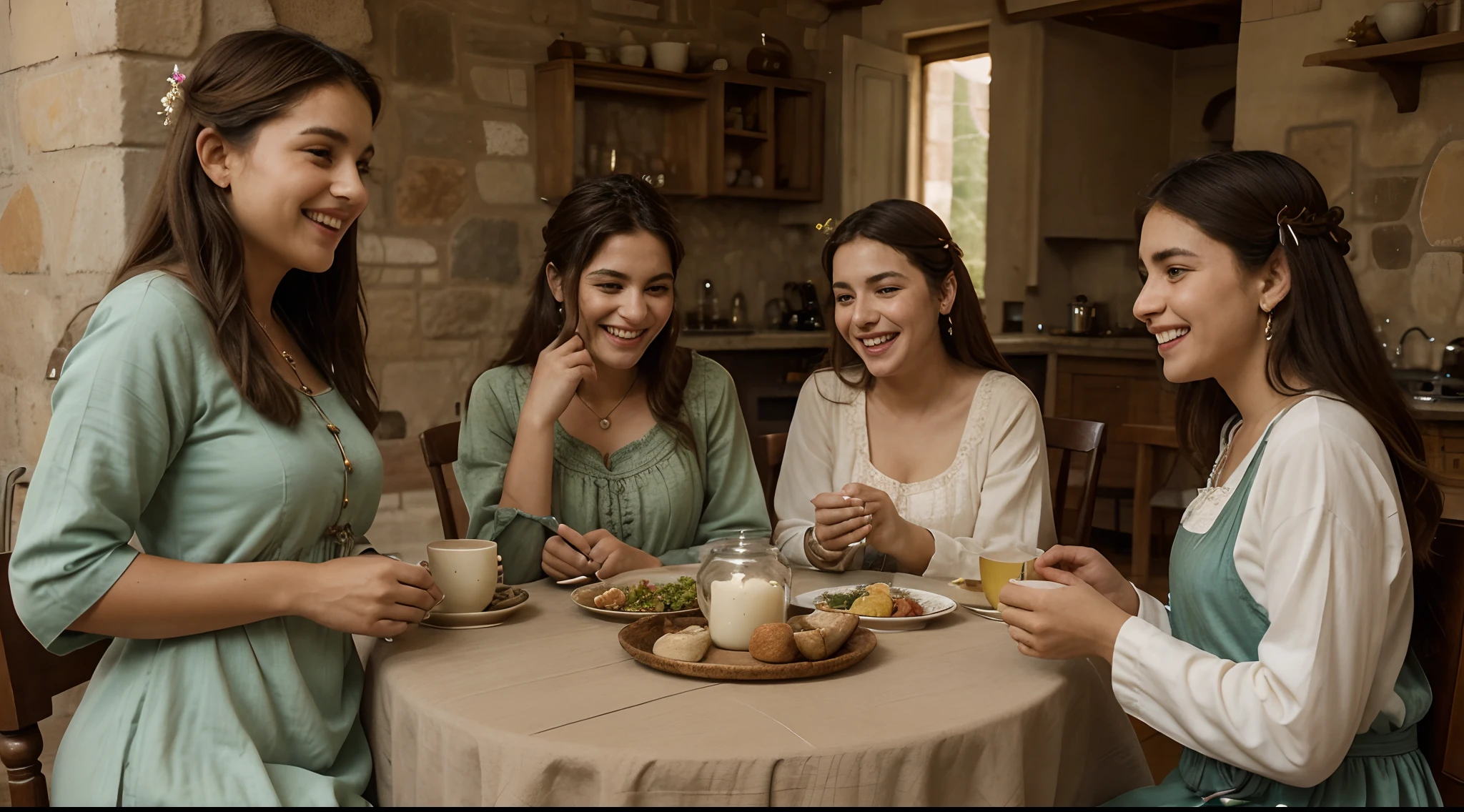 Um grupo de amigos, Dresses with antique tunics, It is gathered around a table decorated with elements from the biblical era. The expressions on their faces reflect joy and conviviality, while sharing laughter and stories. A paisagem ao redor remete a uma cidade antiga, with stone buildings and a calm atmosphere. The soft evening light brings out the colors of the tunics and creates a warm and memorable scene.