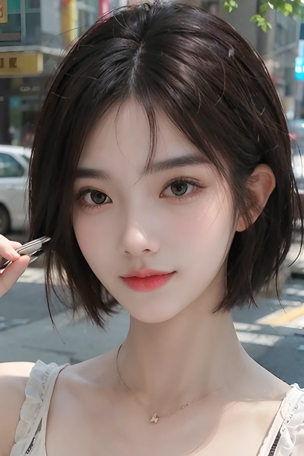 1girl, short hairl, good detailed face, beautiful eyes, half body shot, black hair, hair bobbles, wince, longeyelashes, solid circle eyes, light smile, ear blush, fang, Surrealism, drop shadow, anaglyph, stereogram, tachi-e, pov, atmospheric perspective, Sony FE GM, 8k, super detail, ccurate, best quality