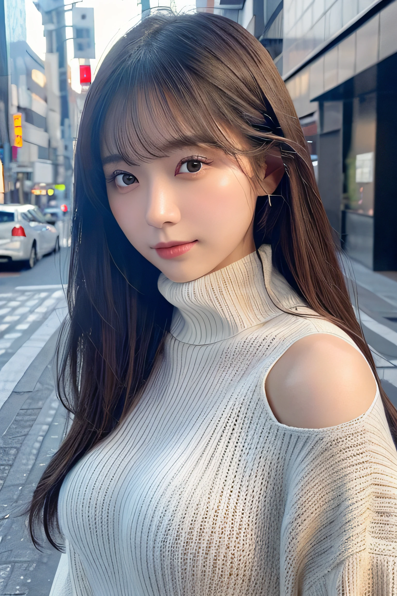 (Colossal tits、Turtleneck knitwear、Shoulder bag)、(top-quality,masterpiece:1.3,超A high resolution,),(ultra-detailliert,Caustics),(Photorealsitic:1.4,RAW shooting,)Ultra-realistic capture,A highly detailed,high-definition16Kfor human skin、 Skin texture is natural、、The skin looks healthy with an even tone、 Use natural light and color,One Woman,japanes,,kawaii,A dark-haired,Middle hair,(depth of fields、chromatic abberation、、Wide range of lighting、Natural Shading、)、(Hair swaying in the wind:1.2)、Streets of Tokyo
