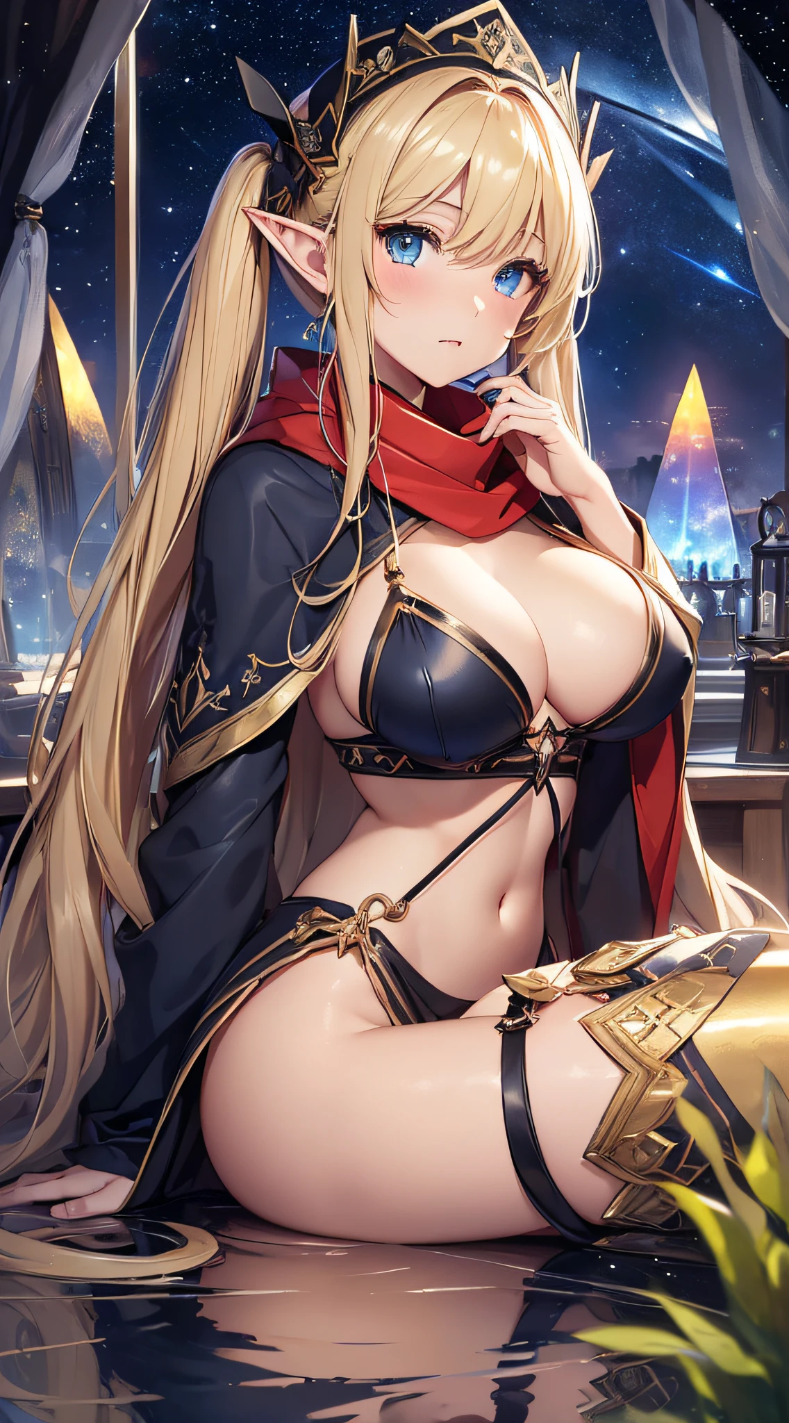 top-quality、Top image quality、masterpiece、An elf girl((18year old、Best Bust、big bast,Beautiful blue eyes、Breasts wide open, Blonde twintails、A slender,Large valleys、Reflecting the whole body、red scarf、Clothes in black robes、Undressing Pose、Hu Sitting))hiquality、Beautiful Art、Background with((Inside the triangular tent、nigh sky)))、,masutepiece、visualart、depth of fields、