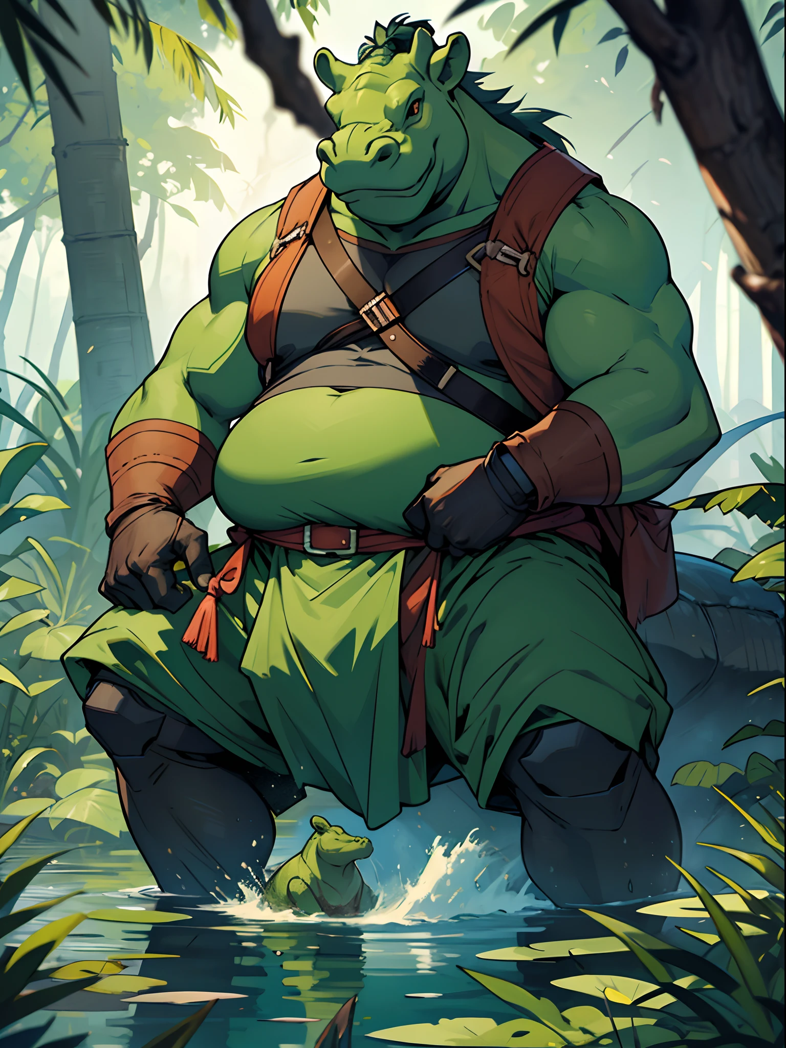 A hippopotamus warrior，Obese，There is power，On top of the swamp，Green jungle