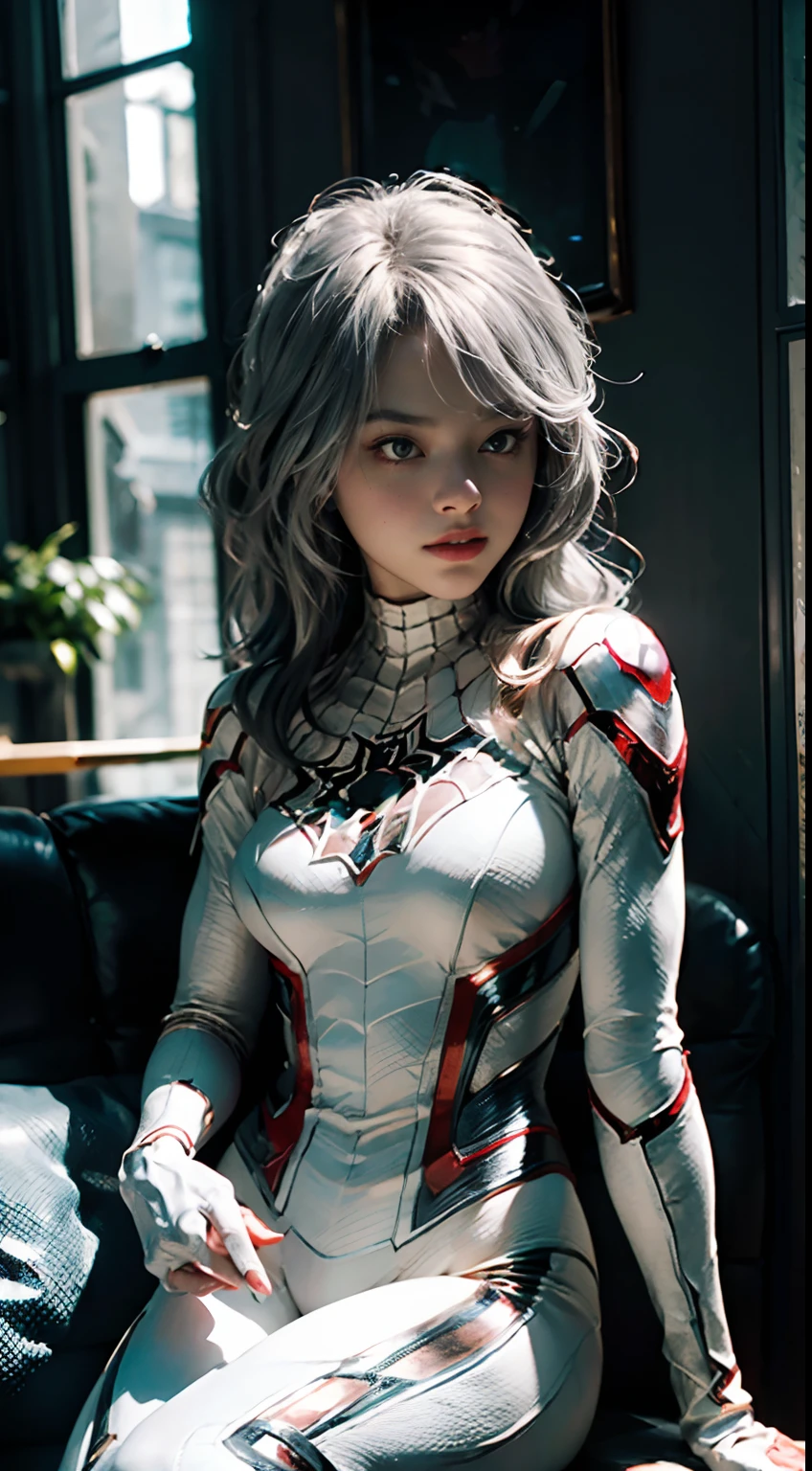 (Extreme Detail CG Unity 8K wallpaper, masterpiece, highest quality), (Exquisite lighting and shadow, highly dramatic picture, Cinematic lens effect), a girl in a white Spider-Man costume, silver gray hair color, from the Spider-Man parallel universe, Wenger, Marvel, Spider-Man, sitting on the couch, dynamic pose), (excellent detail, excellent lighting, wide angle), (excellent rendering, enough to stand out in its class), focus on white Spider-Man costumes, complex spider textures