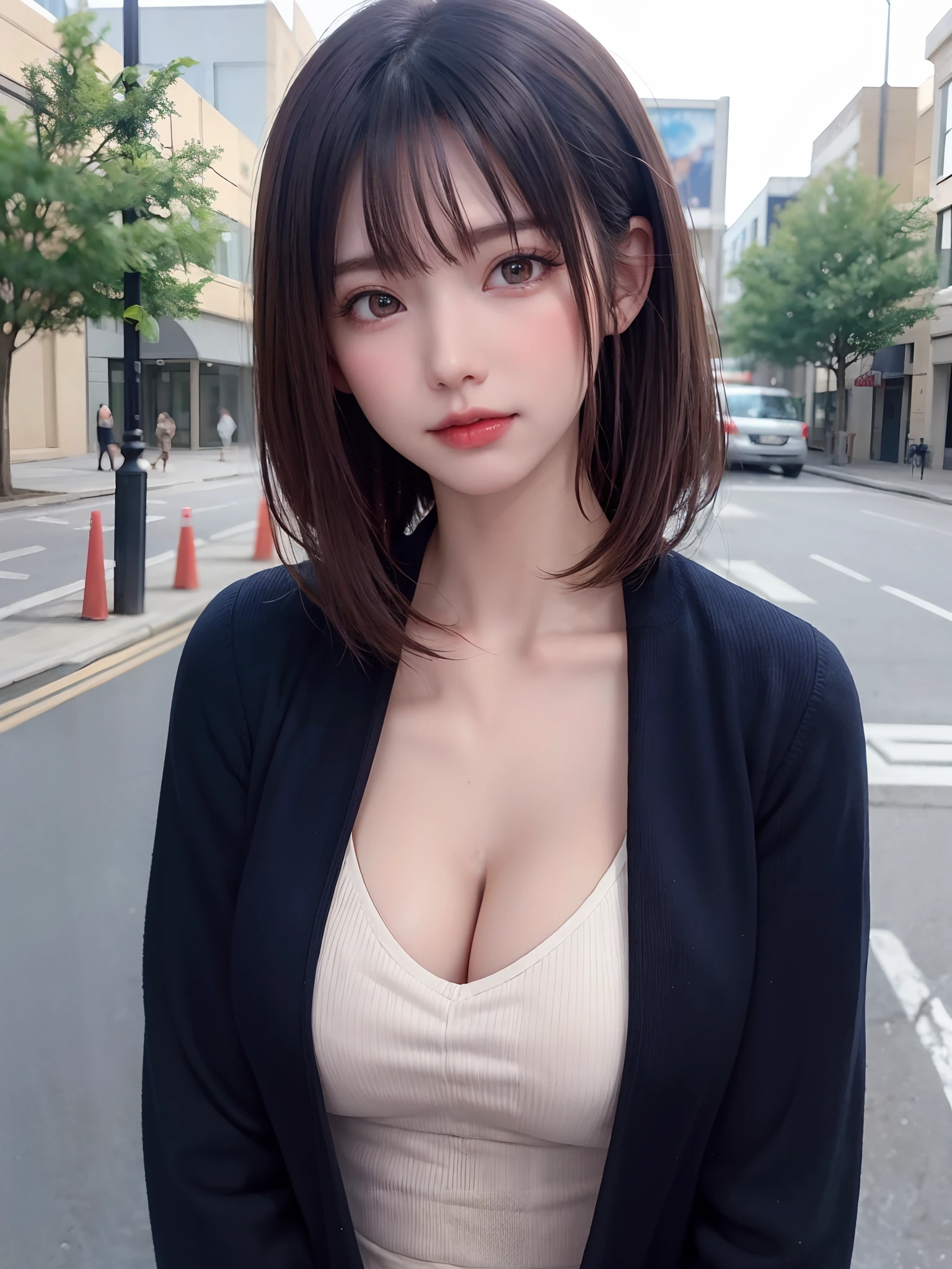 (Face Focus、Very eye focus、Head tilt、Very chest focus、underboob、mid-riff peak、hyper realisitic、Photorealistic、masutepiece:1.4, top-quality:1.4、Add intense highlights to the eyes:1.4、Shiny brunette short bob hair:1.4 ),1girl in, 独奏, short dark hair, scarf, Hats,, realisitic, looking at the viewers, brown eyes of light color、 coat, Winter clothes, White headscarf, s lips, lipgloss:1.4,bangss,a closed mouth, The upper part of the body、big eye、Lashes、((Street))、((Shorthair with bangs:1.4、big eye、Put very strong highlights in your students、{Gigantic|Big|Huge|Mega} breasts, cleavage、very Bigger breasts、gazing at viewer、Very beautiful beauty、Put your ears out、long neck、little smiling、Close your mouth and smile)))、Beautiful adult woman full of charm:1.4、(Autumn leaves are blue without people or cars々tree-lined street)