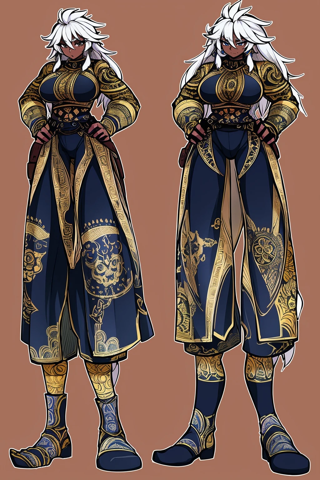 Ebony skinned female with white dreadlocks, thicc, wearing tribal warrior outfit, full body, standing, full body