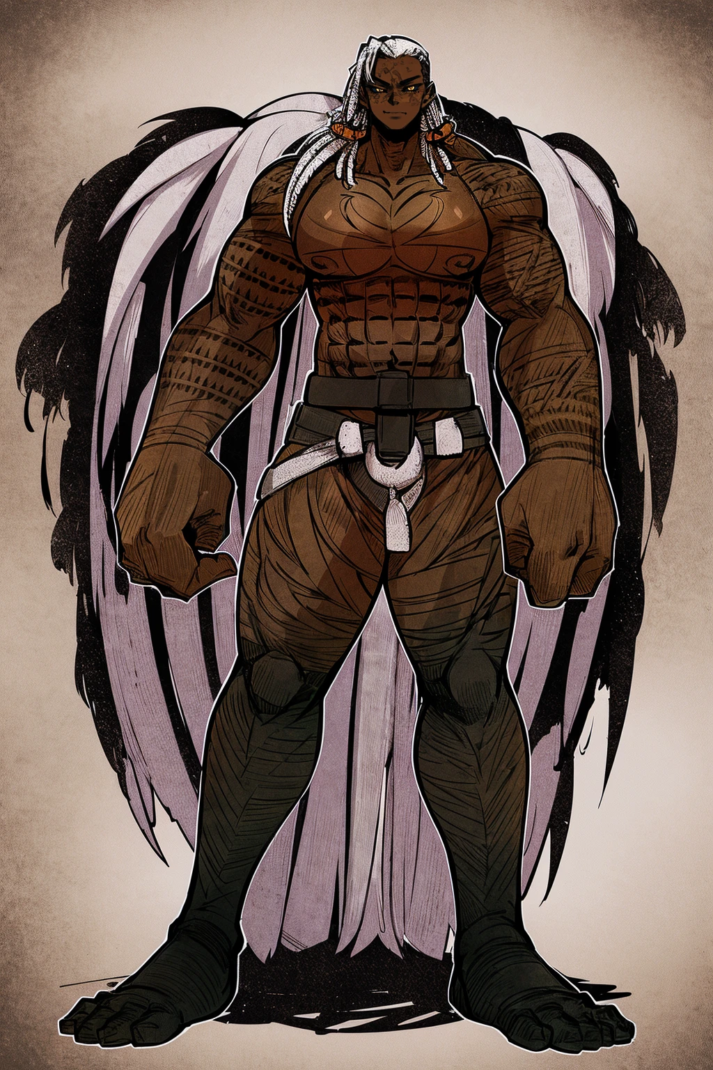 Ebony skinned female with white dreadlocks, thicc, wearing tribal warrior outfit, full body, standing, full body