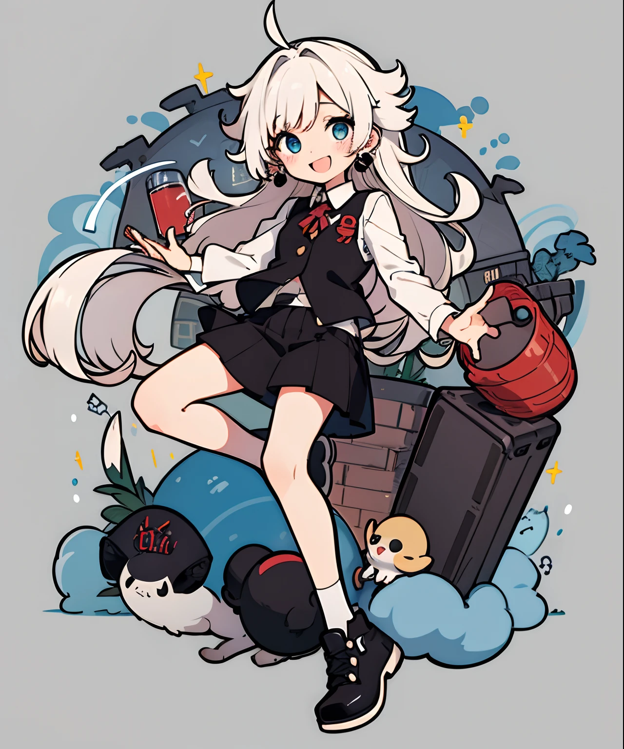 1girl, adult, white long hair, messy hair, black short vest, black strings, black earrings, illustration, aesthetic, anime pop, cute smile, high quality, blush, masterpiece