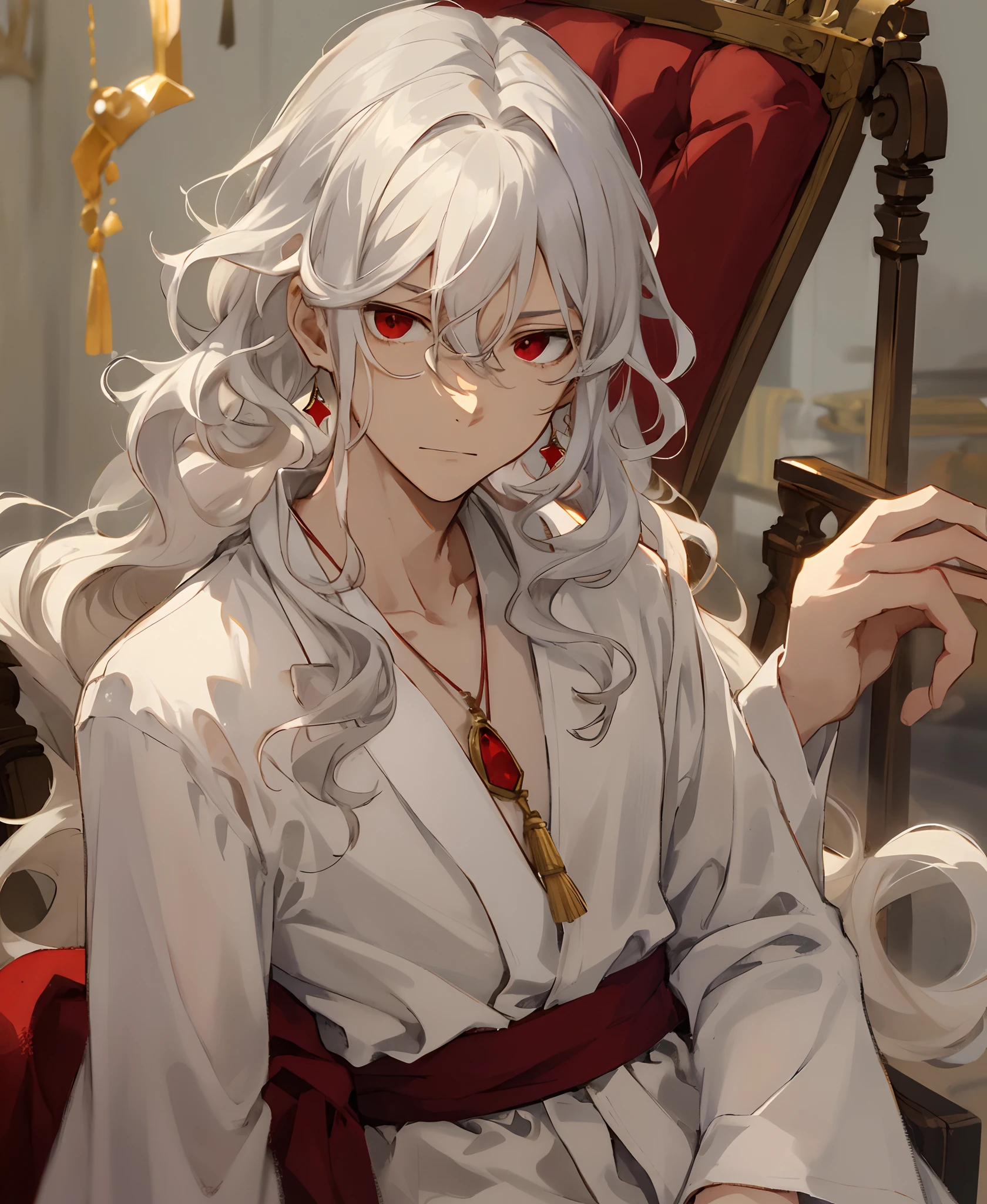 (masterpiece, best quality, high quality), 1boy, 1guy, ((unimpressed)), sitting, looking at viewer, white hair, (long hair, disheveled hair), red eyes, :(, flowing hair, curly and wavy hair, wearing a red gemstone pendant, wearing a royal white-coloured silk robe, Full sleeve robe, silk robe, white robe, long robe, long silk pants, young age, staring at viewer. Crossed arms