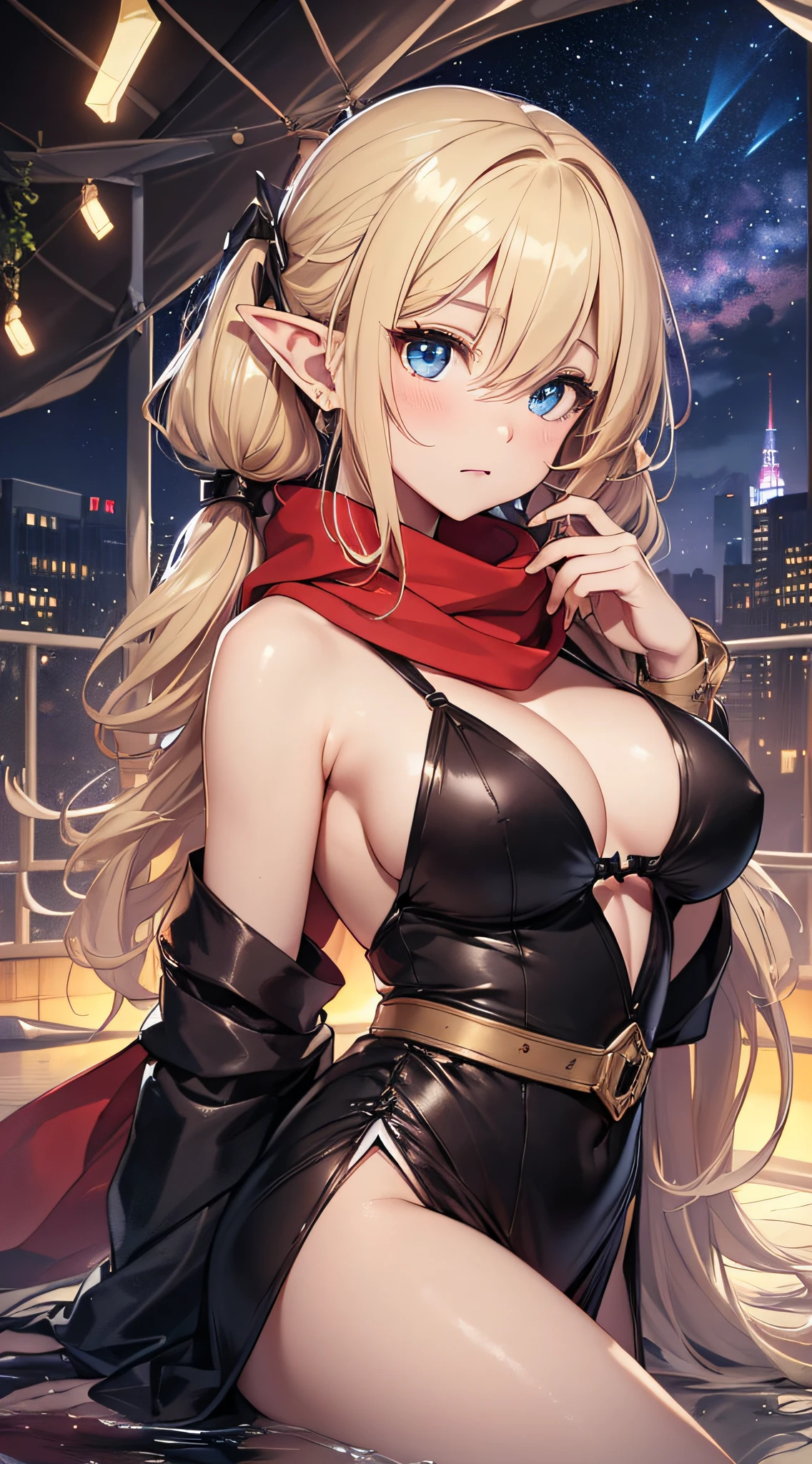 top-quality、Top image quality、​masterpiece、An elf girl((18year old、Best Bust、big bast,Beautiful blue eyes、Breasts wide open, Blonde twintails、A slender,Large valleys、Reflecting the whole body、red scarf、Clothes in black robes、Undressing Pose、Lie on your back on the floor)）hiquality、Beautiful Art、Background with((Inside a triangular tent、nigh sky)))、,masutepiece、visualart、depth of fields、