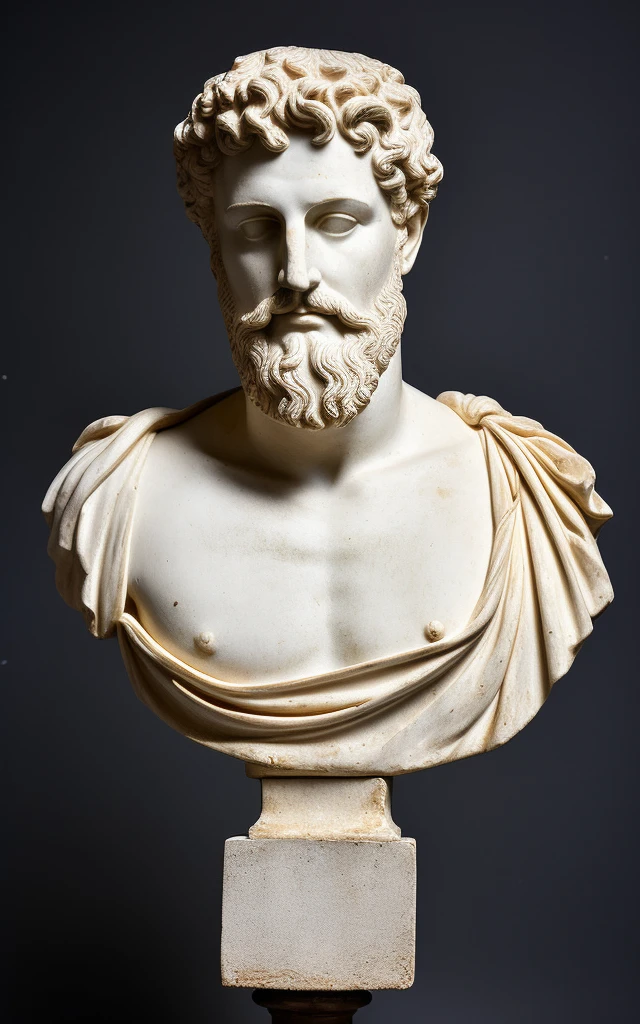 Gros plan d’un bustee d’un homme avec une barbe, Empereur romain, Romain, Homme de la Rome antique, inspiré par Pietro Testa, Visage stoïque, pose stoïque, Buste en marbre, Vue bustee, Buste d’Hercule, buste, Portrait de bustee, Statue romaine Greco, stoïque, Toge romaine., Séverien de Nessus, portrait bustee