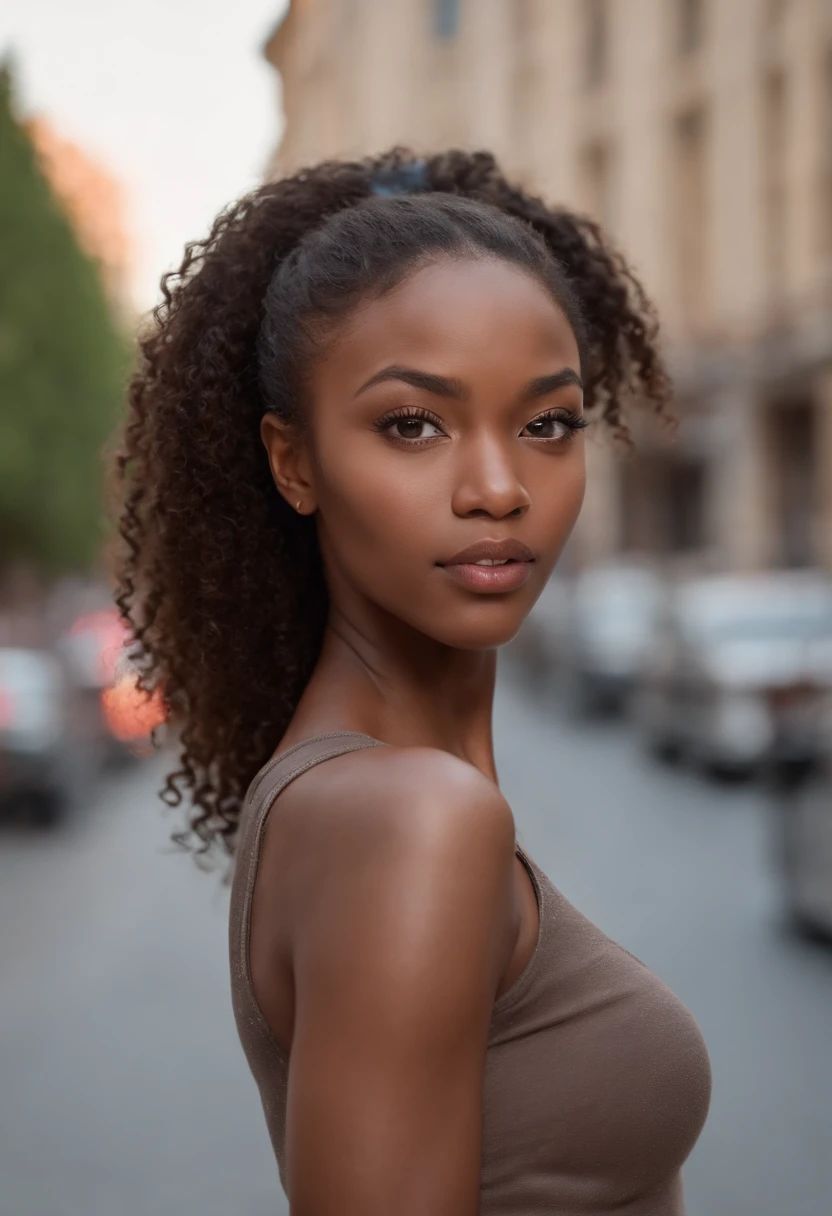 ((Dark African skin, Very deep ebony skin)), ((Its beauty is undeniable)), ((cute excited face)), ((Hyper detailed perfect eyes,)), ((pose mignonne)), ((Langue sortie)), ((Attirant )), sexy, (( Tight knit shirt, shorts courts sexy)), ((Afro curly African hair afro ponytail afro,)), (( peau)), ((debout, vue de face)), ((toucher ses propres jambes dans une pose sexy)), ((dehors, Ville publique)), CGI ciblé, Fotorrealista, High detail, Realstic, Master part, Absurde, Best quality, Hdr, highly quality, high-definition, extremly detailed, 8k wallpaper, intricate high detail, 8K UHD, Full-HD, (photo realist:1.2), contraste, intense illumination, lighting cinematic, natural lighting, hard light, contre-jour, Illumination globale, occlusion ambiante
