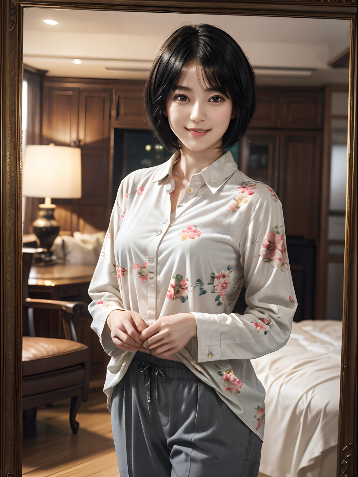 93
(a 20 yo woman,is standing), (A hyper-realistic), (masutepiece), ((short-hair:1.46)), (Smooth black hair), wear long pants, (Wearing a long-sleeved shirt with a floral print), (painterly、picture frame), (Gentle smile), (Keep your mouth shut)