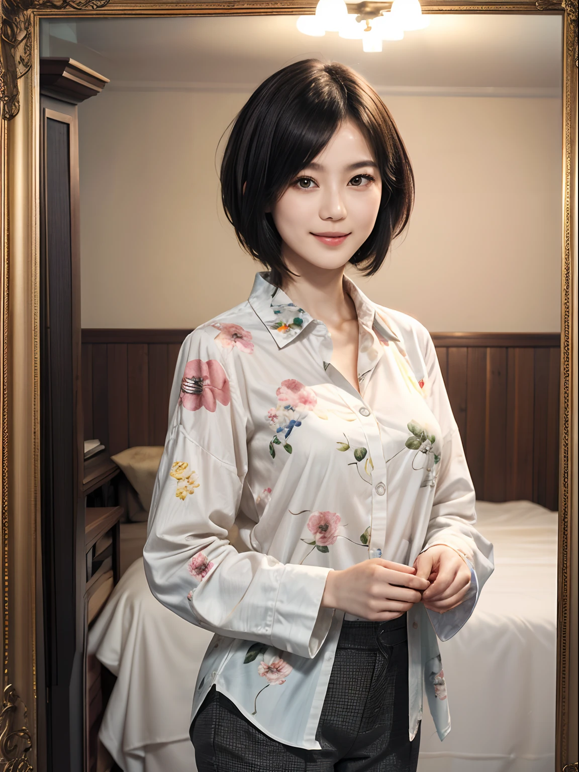93
(a 20 yo woman,is standing), (A hyper-realistic), (masutepiece), ((short-hair:1.46)), (Smooth black hair), wear long pants, (Wearing a long-sleeved shirt with a floral print), (painterly、picture frame), (Gentle smile), (Keep your mouth shut)
