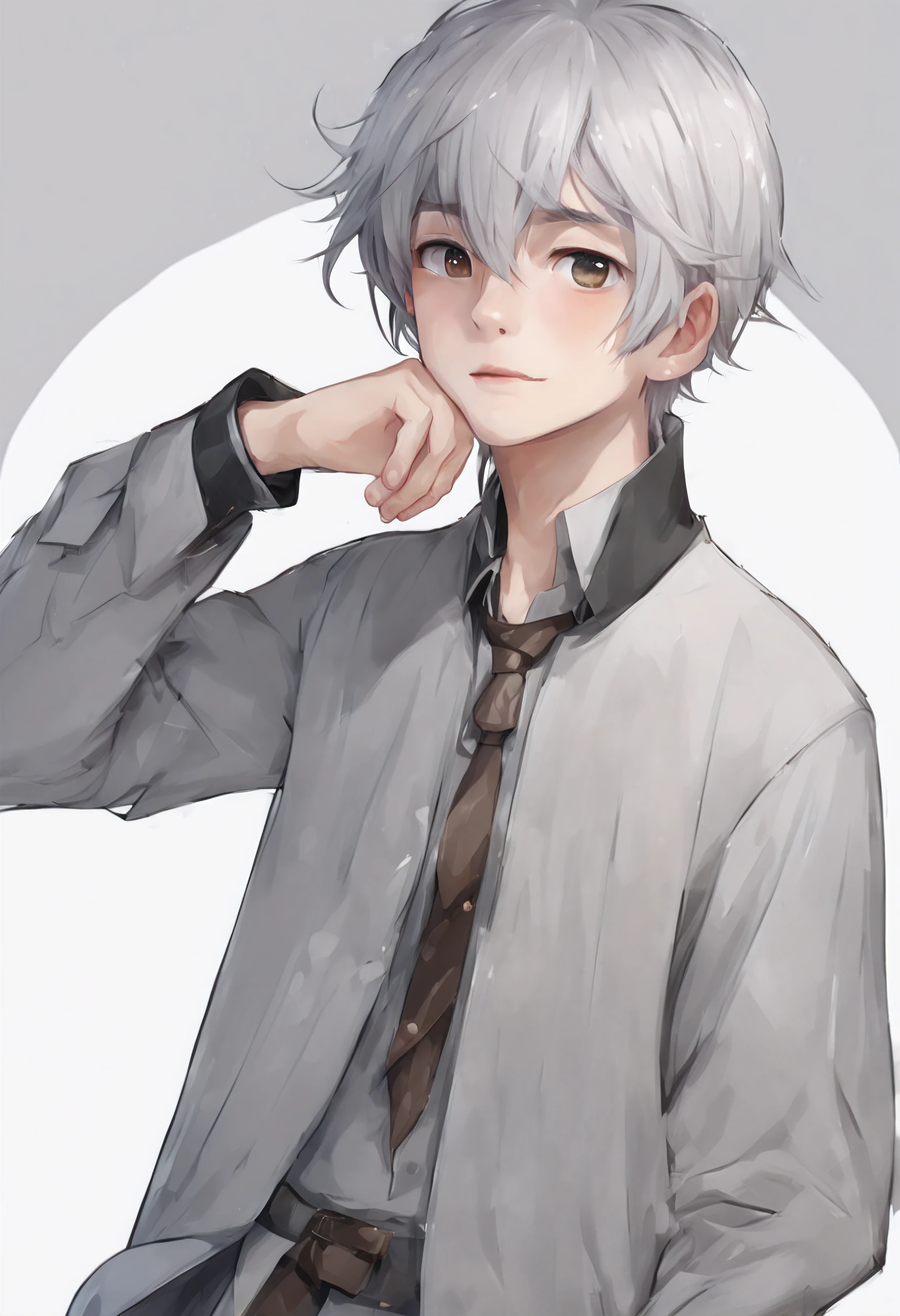Mushroom hair、Gray hair、Man with a cute face、eyes are large、Face is small