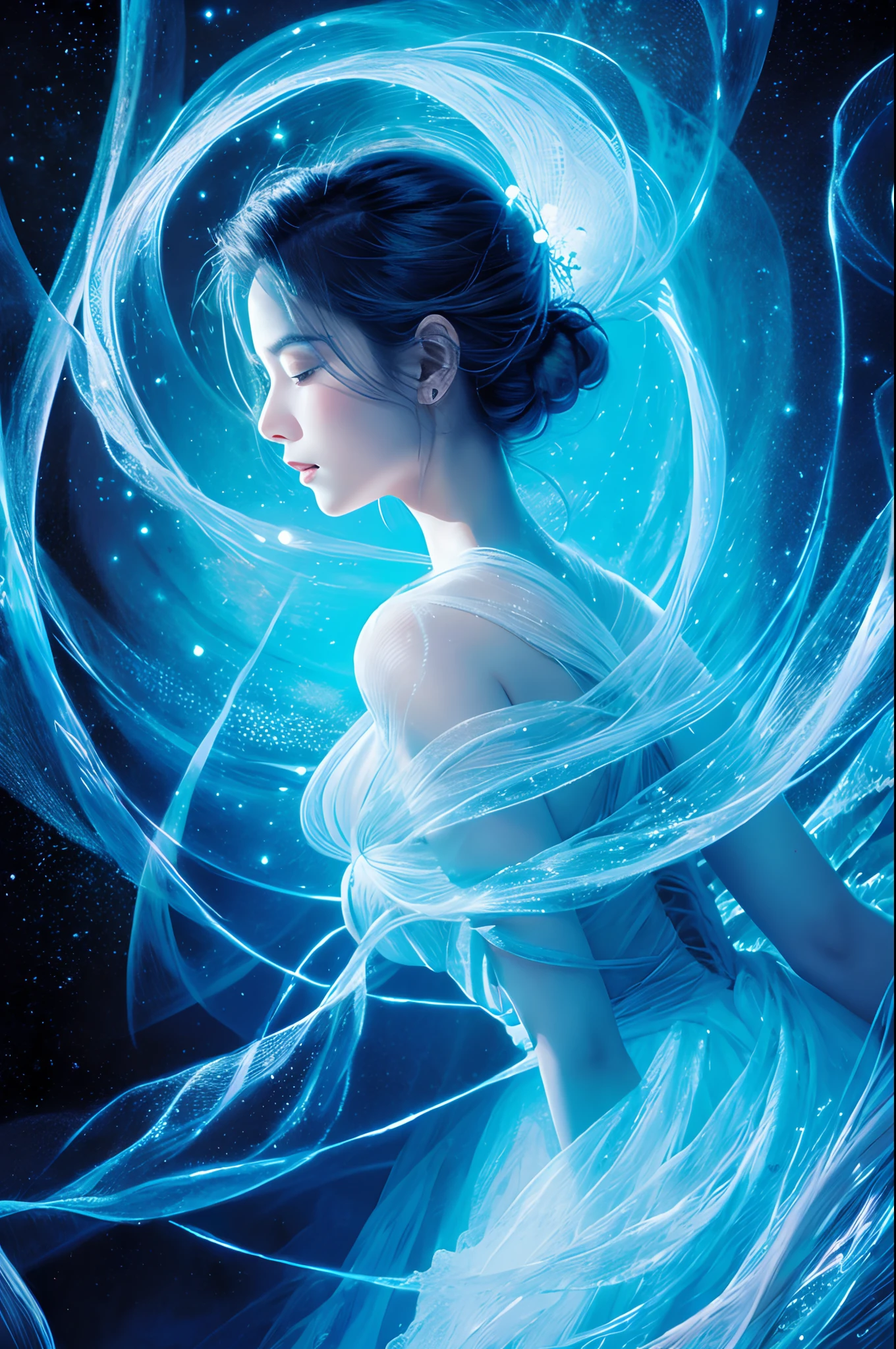 high quality, Detailed illustration of a fantastic beautiful woman painted in blue colors, A being of beauty that is not human, transcending the boundaries of the ordinary, Envision an otherworldly masterpiece, where a dreamlike, blue mist envelops the scene, Picture a fantastical woman, her form traced by ethereal blue lines, creating an illusion as if she's woven from the fabric of the cosmos, The gentle glow of the mist accentuates the contours of her figure, lending an enchanting and mysterious aura to the composition, by yukisakura, high quality,