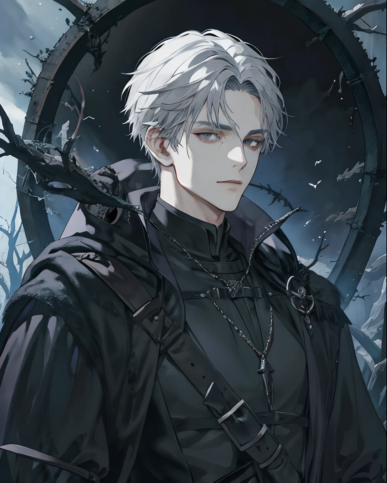 1male, medieval fantasy,, beautiful, calm, grey hair, black eyes, detailed eyes, black cloak, dark sorcerer, rogue mage, alone in a dark forest, medieval fantasy, close up