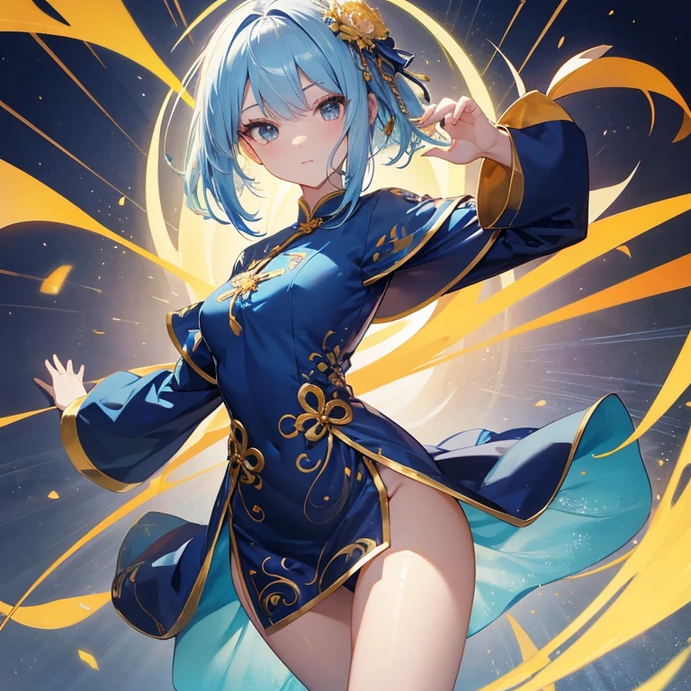 2D beautiful girl　animesque　qipao dress　Kungfu　Slender body　blue hairs　Kanzashi in the head　Crotch wide open　There is only one person here　Creates a golden color and aura around it