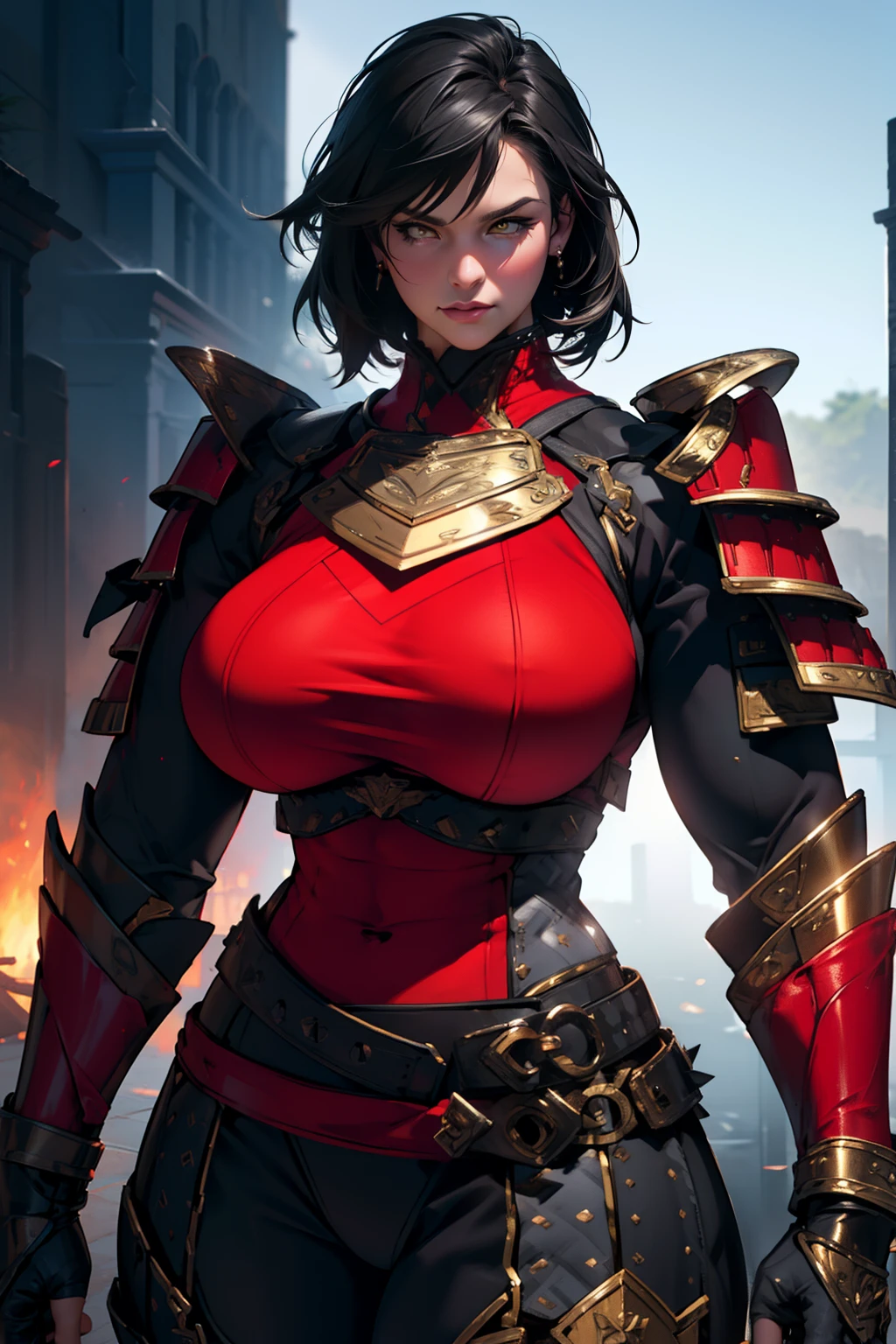 (High resolution, Pixels are perfect, luxurious illustration), (hyper quality, masutepiece, Ethereal: 1.4),(Solo:1.4), Black hair, Very short hair, ((spiked hair)),  Yellow eyes, (angry), pale skin, (((((((muscular))))))), ((thick thighs)), ((Huge breasts)), (((((((Woman))))))), ((((A MILF)))),  ((((s Armor)))), (((Red armor))), (Leotard), (((wide hips))), ((greybackground)), (Shiny skin),