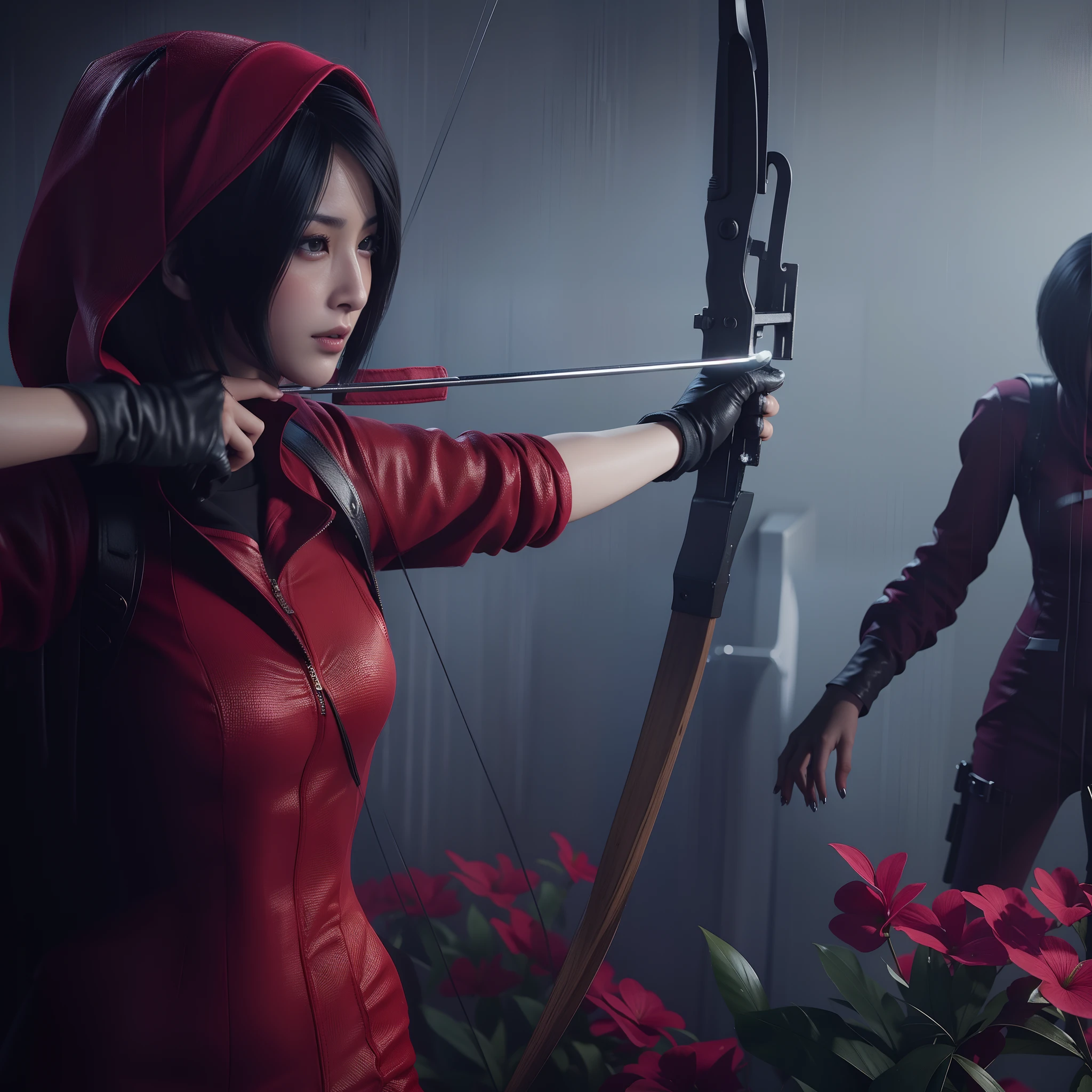 Ada wong, beautiful face, bob hair, perfect Face, wearing mini red dress hoody, wearing hoody, black nail polish, Aiming expression, glare
