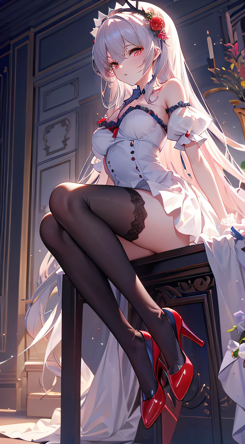 robe de mariée sexy,auditorium,Colombes blanches volantes,tenant un bouquet de roses,divin , porte des collant noir transparent, chaussures rouge, vue corps entier . position assise.