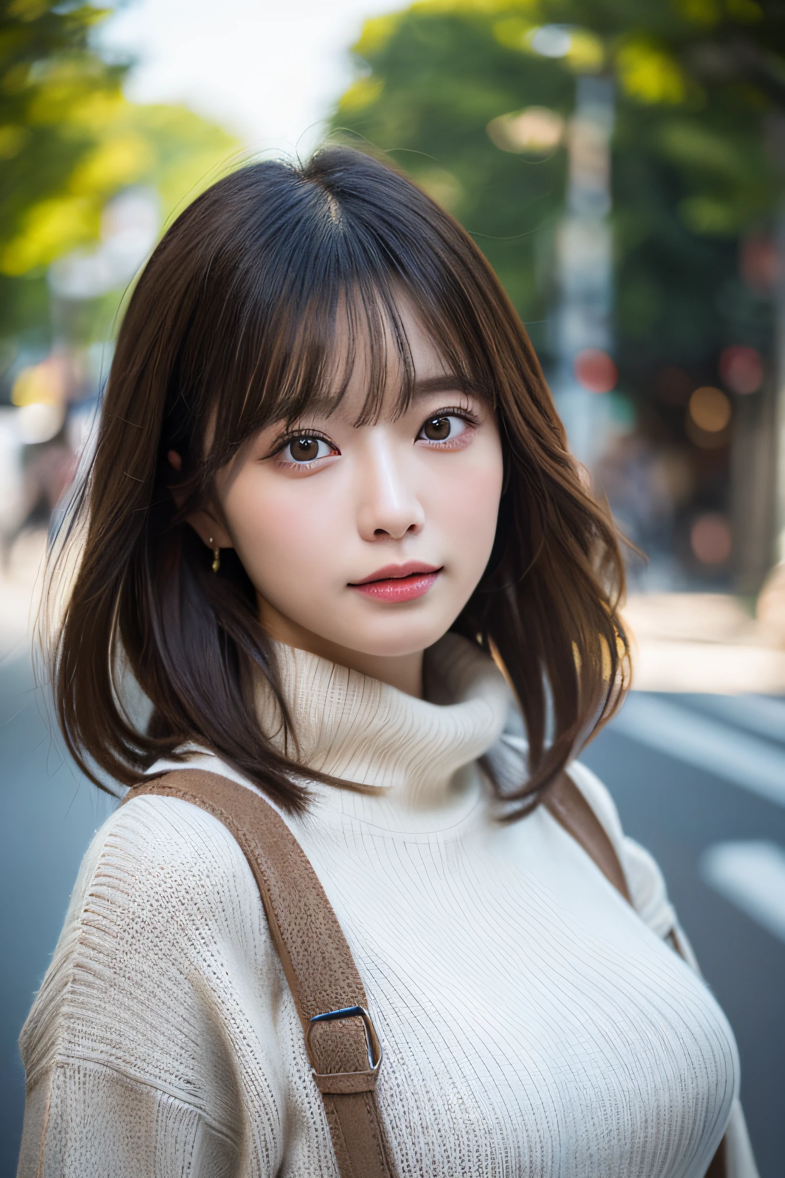 (Colossal tits、Turtleneck knitwear、Shoulder bag)、(top-quality,​masterpiece:1.3,超A high resolution,),(ultra-detailliert,Caustics),(Photorealsitic:1.4,RAW shooting,)Ultra-realistic capture,A highly detailed,high-definition16Kfor human skin、 Skin texture is natural、、The skin looks healthy with an even tone、 Use natural light and color,One Woman,japanes,,kawaii,A dark-haired,Middle hair,(depth of fields、chromatic abberation、、Wide range of lighting、Natural Shading、)、(Hair swaying in the wind:1.2)、Streets of Tokyo