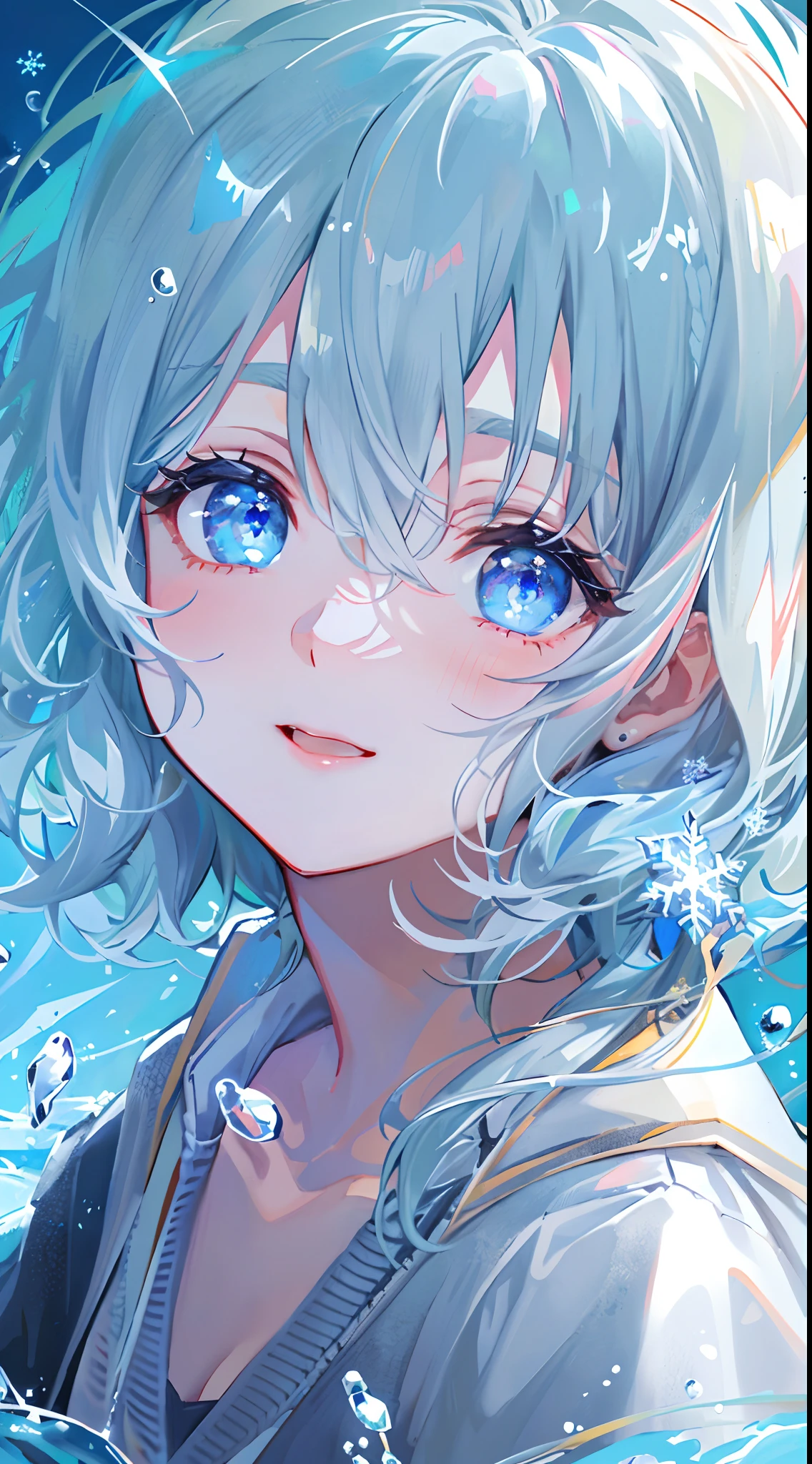 ((top-quality)), ((​masterpiece)), ((ultra-detailliert)), (Extremely delicate and beautiful), girl with, 独奏, cold attitude,((Black jacket)),She is very(relax)with  the(Settled down)Looks,A dark-haired, depth of fields,Evil smile,Bubble, under the water, Air bubble,bright light blue eyes,inner color with bright gray hair and light blue tips,,,,,,,,Cold background,Shorthair、Bob Hair - Linear Art, shortpants、knee high socks、White uniform like school uniform、Light blue ribbon ties、Clothes are sheer、Hands in pockets、Bright eyes like sapphire,Fronllesse Blue, A small blue light was floating、Upper Eyes、glass shards、Snowflake eyes、fantastic eyes