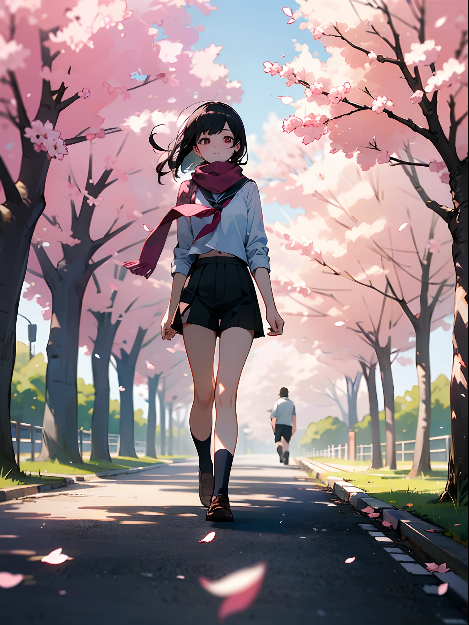 (Masterpiece, best quality:1.3) beautiful girl, black shorts hair, pink eye, scarf, wear school uniform, walking di sidewalk, street road, cherry blossom, flowers petals, beautiful scenery, cinematic