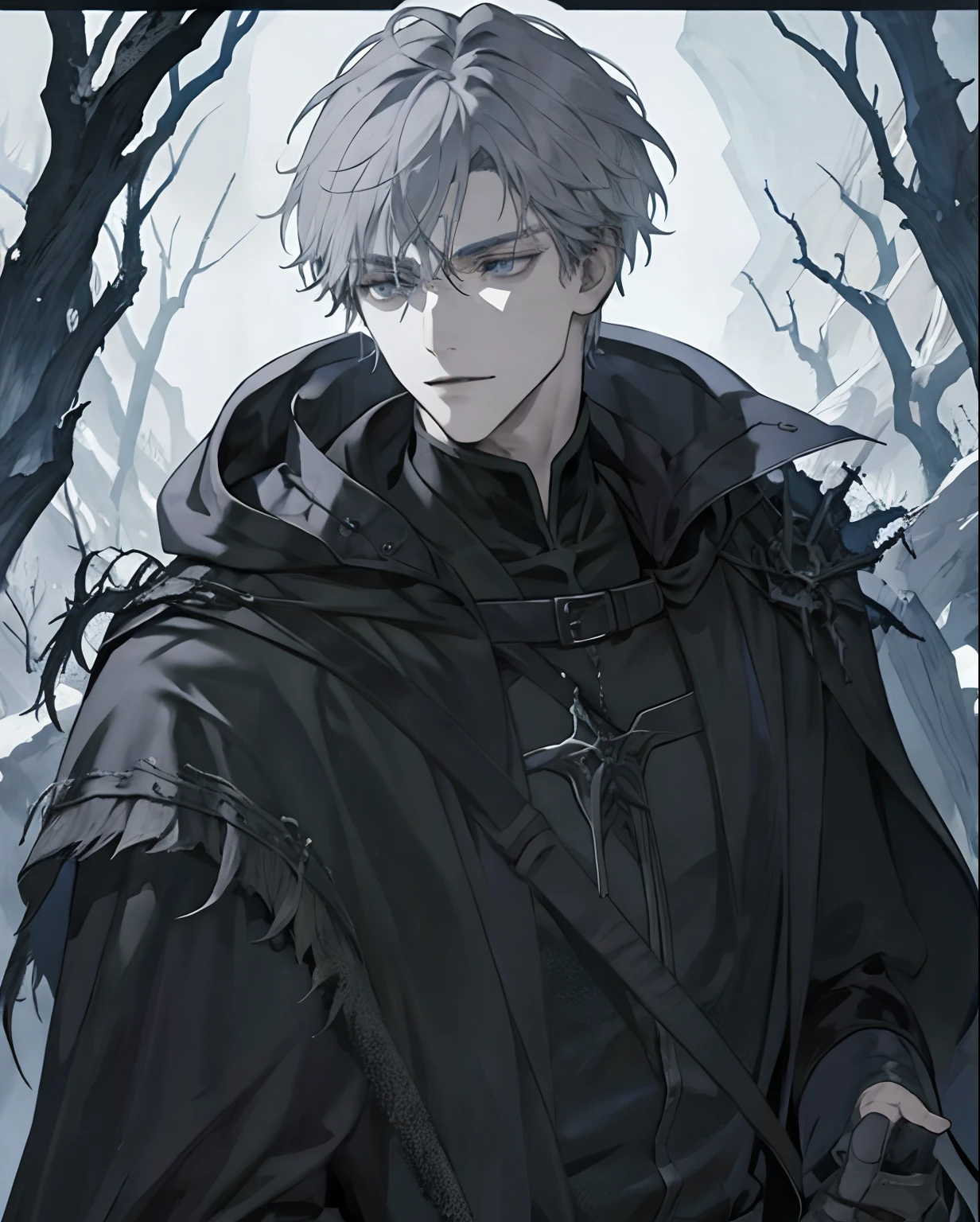 1male, medieval fantasy,, beautiful, depressed, grey hair, black eyes, detailed eyes, black cloak, dark sorcerer, rogue mage, alone in a dark forest, medieval fantasy, close up