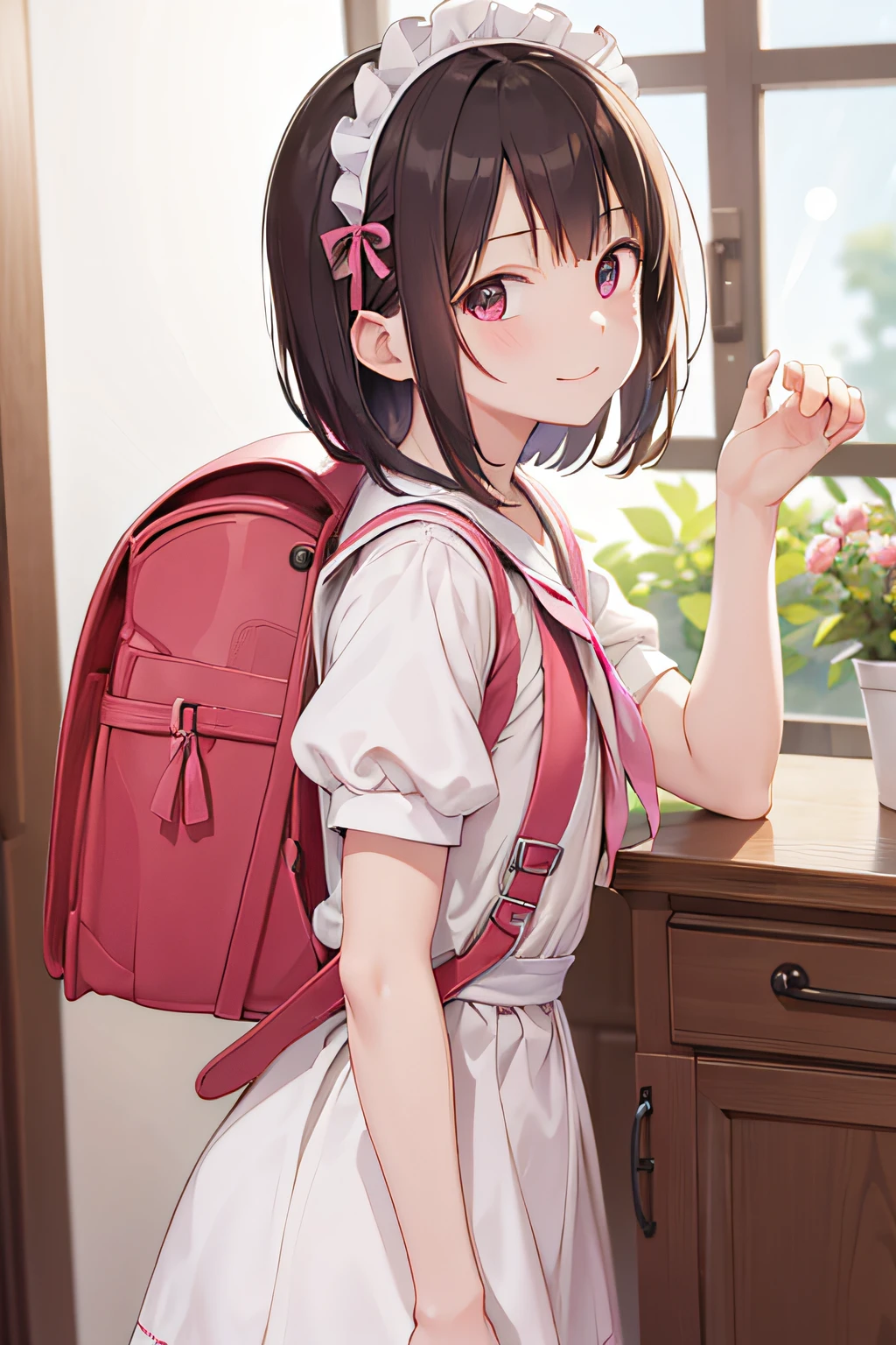 (masutepiece), Best Quality, High resolution, Highly detailed, Detailed background, Perfect Lighting, Indoor, 1girl in, Petite, Looking at Viewer, Petite, Maid Uniform, Adorable smile, Wearing a pink school bag backpack, (Randoseru Backpack:1.0)