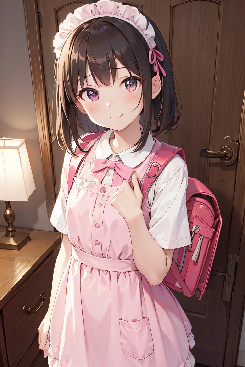 (masutepiece), Best Quality, High resolution, Highly detailed, Detailed background, Perfect Lighting, Indoor, 1girl in, Petite, Looking at Viewer, Petite, Maid Uniform, Adorable smile, Wearing a pink school bag backpack, (Randoseru Backpack:1.0)