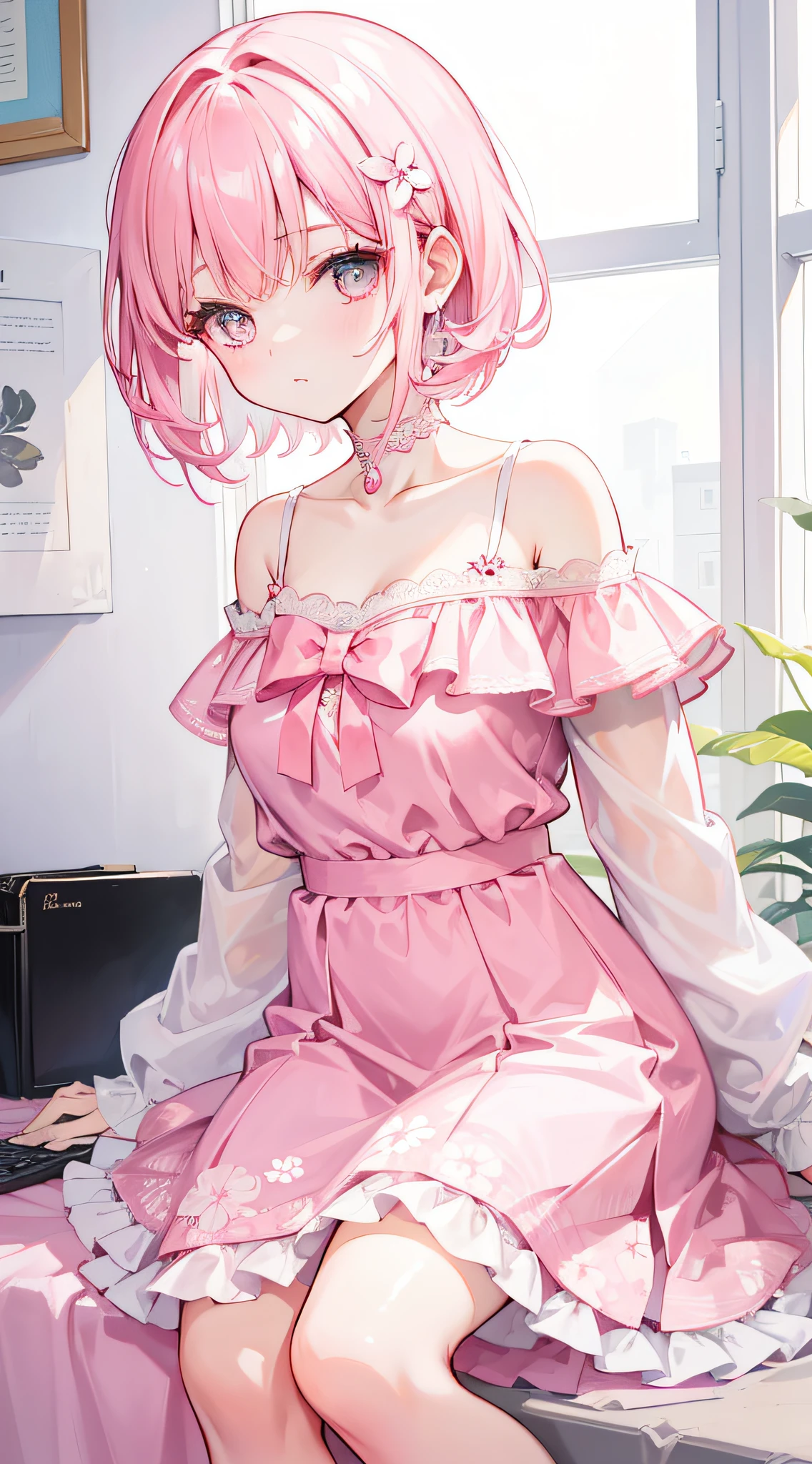 Short off-shoulder hair in pink and white，Scallop White Floral Dress，Dignified and wonderful teacher, Beautiful Girl