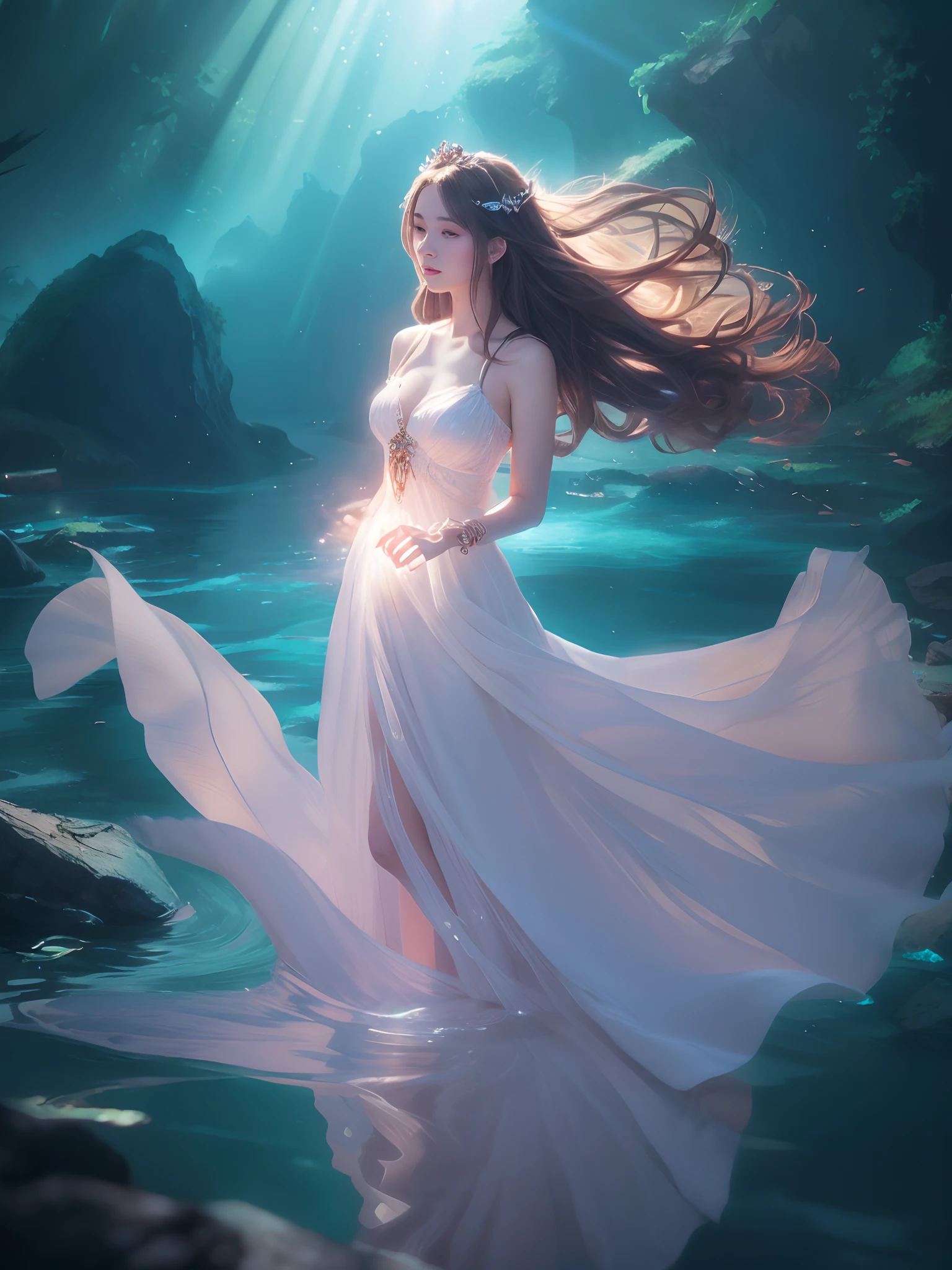 (Raw photo:1.2), (Photorealistic), Beautiful detailed girl, Very detailed eyes and face, Beautiful detailed eyes, Huge file size, High resolution, Very detailed, Best Quality, [masutepiece:1.6], Illustration, Very detailed, Fine detail, Best Quality, 8K Wallpaper, Movie Lighting,Beautiful 15-year-old woman in white dress standing in the water, Underwear, Watery Fantasy Art, Beautiful fantasy maiden, goddess of light, beautiful goddess, fantasy gorgeous lighting, a beautiful fantasy empress, beautiful fantasy art, Dramatic lighting fantasy, Fantasy Woman, portrait of queen of light, ((a beautiful fantasy empress)), A beautiful maiden