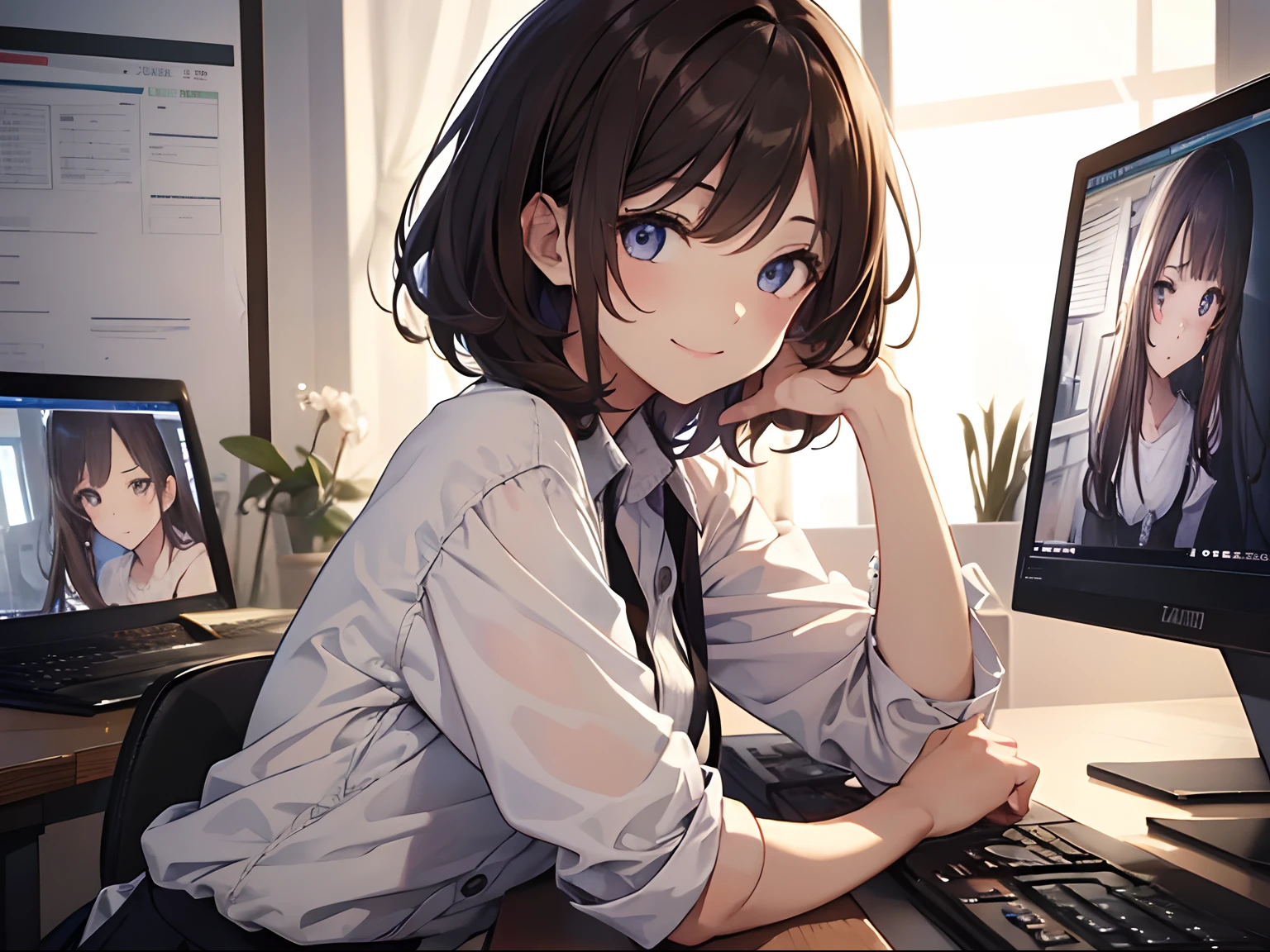 (1girl in),(beautiful eyes finely detailed、Face to detail、masterpiece sidelighting、masterpiece、top-quality、detaileds、High resolution illustration),Woman using computer in office、Large screen、18year old、OL、Everyday clothes、A smile、frontage、The upper part of the body、Brown hair、Short bob hair、The upper part of the body、
