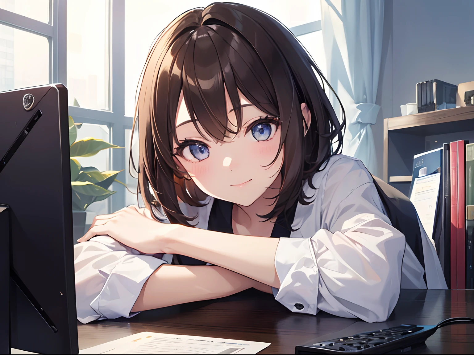 (1girl in),(beautiful eyes finely detailed、Face to detail、masterpiece sidelighting、masterpiece、top-quality、detaileds、High resolution illustration),Woman using computer in office、Large screen、18year old、OL、Everyday clothes、A smile、frontage、The upper part of the body、Brown hair、Short bob hair、The upper part of the body、