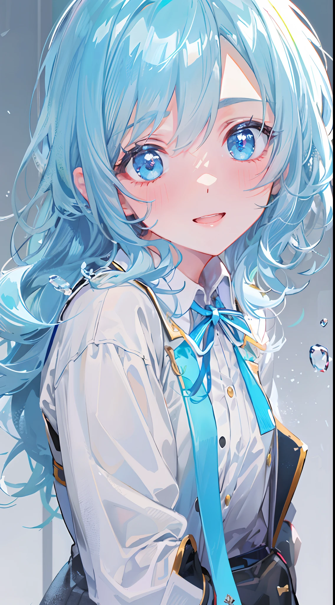 ((top-quality)), ((masterpiece)), ((ultra-detailliert)), (Extremely delicate and beautiful), girl with, 独奏, cold attitude,((Black jacket)),She is very(relax)with the(Settled down)Looks,A dark-haired, depth of fields,Evil smile,Bubble, under the water, Air bubble,bright light blue eyes,inner color with bright gray hair and light blue tips,,,,,,,,,Cold background,Shorthair、Bob Hair - Linear Art, shortpants、knee high socks、White uniform like school uniform、Light blue ribbon ties、Clothes are sheer、Hands in pockets、Bright eyes like sapphire,Fronllesse Blue, A small blue light was floating、Upper Eyes、glass shards、Snowflake eyes、fantastic eyes