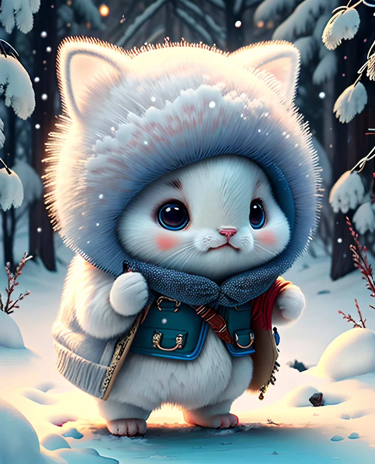 Top image quality、"Create a masterpiece of cute creatures. ermine、（Okojo in winter）, high detailing, in 8K、Top image quality、Dressed as an adventurer、Bogan in hand、Video Game Hero Costume、(((kawaii)))、