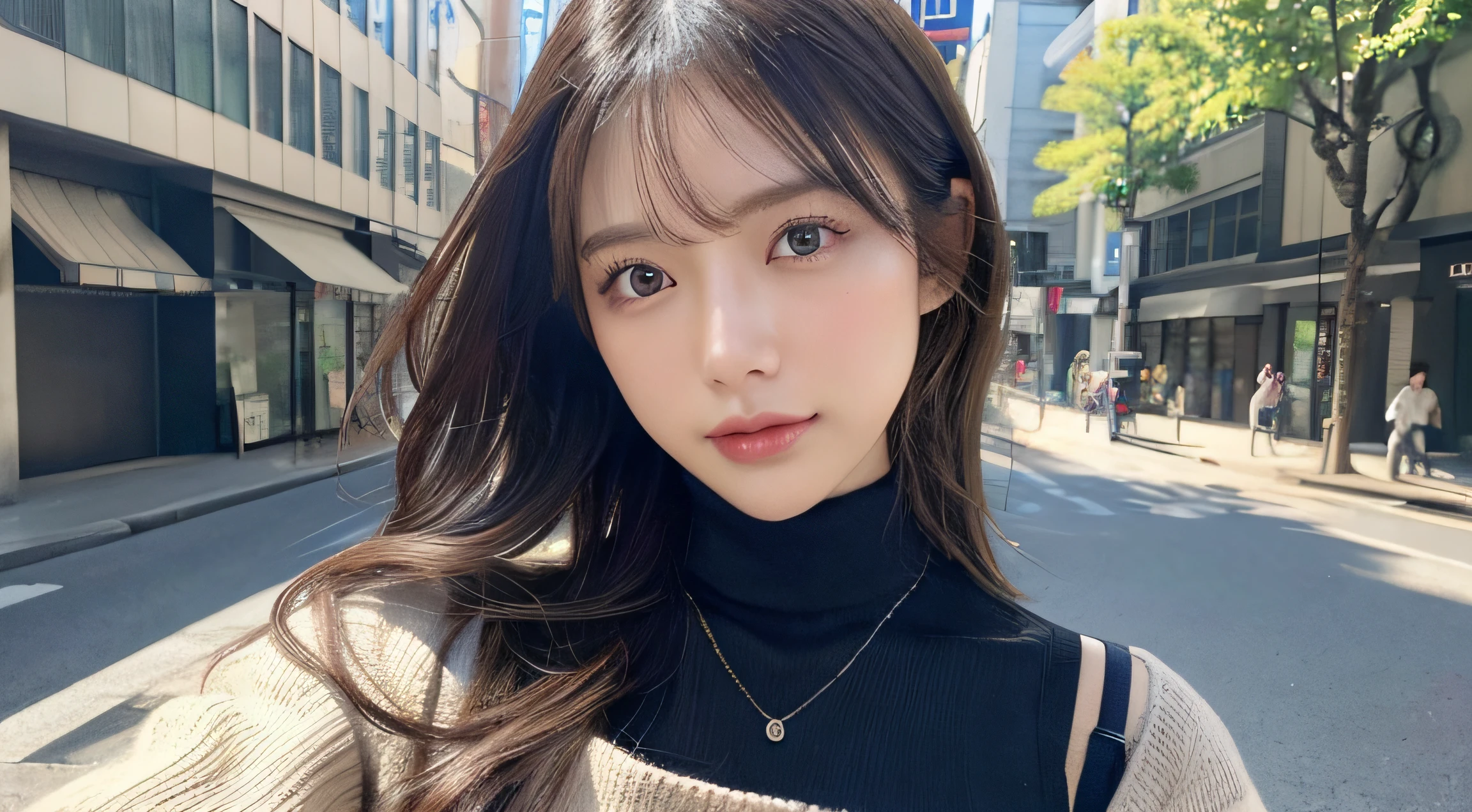 (Colossal tits、Turtleneck knitwear、Shoulder bag)、(top-quality,masterpiece:1.3,超A high resolution,),(ultra-detailliert,Caustics),(Photorealsitic:1.4,RAW shooting,)Ultra-realistic capture,A highly detailed,high-definition16Kfor human skin、 Skin texture is natural、、The skin looks healthy with an even tone、 Use natural light and color,One Woman,japanes,,kawaii,A dark-haired,Middle hair,(depth of fields、chromatic abberation、、Wide range of lighting、Natural Shading、)、(Hair swaying in the wind:1.2)、Streets of Tokyo