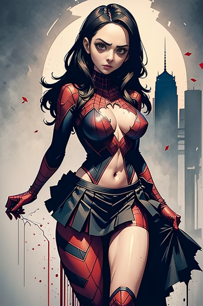 Anne Hathaway、stick out the navel、new york、She's wearing a torn Spider-Man suit,Wearing a skirt、 Red and black color scheme,dynamic、masterpiece、highest quality、Ultra-detailed、Very detailed、Beautiful sparkle in the details、超A high resolution
