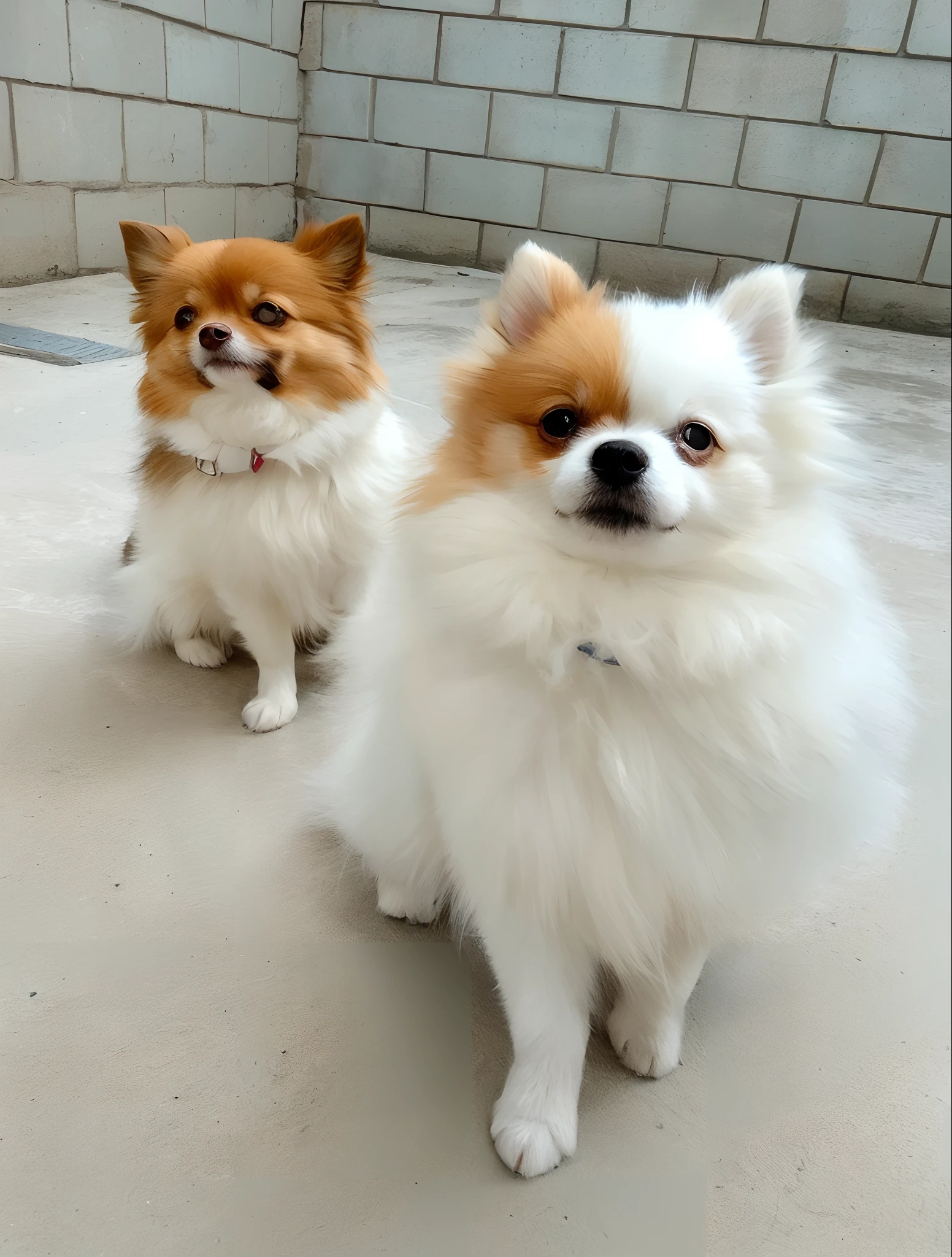 Two small dogs of the Pomeranian lulu breed, on a concrete surface, one of them having characteristics of the entire brown snout and the rest of the body white,and the other dog with features of half of the head white, the other half white, and the rest of the body white