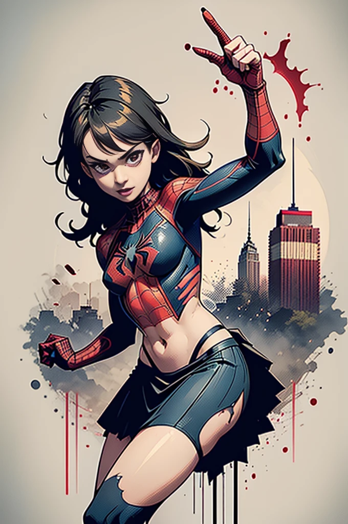 Daniel Panabaker、Sticking out the navel、newyork、She wears a torn Spider-Man suit,wearing skirt、 Red and black color scheme,Dynamic、​masterpiece、top-quality、ultra-detailliert、ighly detailed、beautiful detailed brilliance、超A high resolution