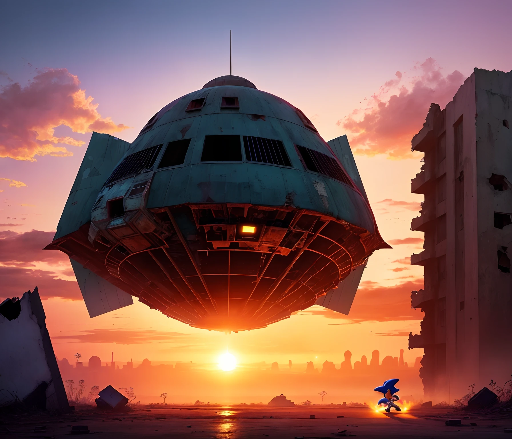 Sonic running on a planet with abandoned plants and ruins and abandoned and destroyed alien ships with a beautiful sunset