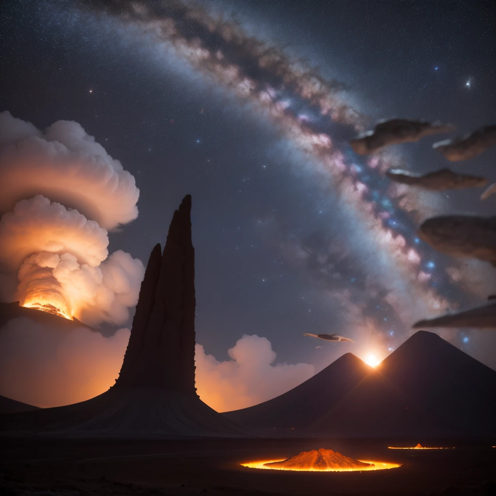 Alien base (Very detailed) In the mountainous desert,There are several exhaust fans and chimneys, Some spotlights come out of the base to illuminate dark places, (Extreme nights), Some clouds in the night sky, Some of the surrounding planets provide air to unknown planets,The farthest giant volcano is erupting