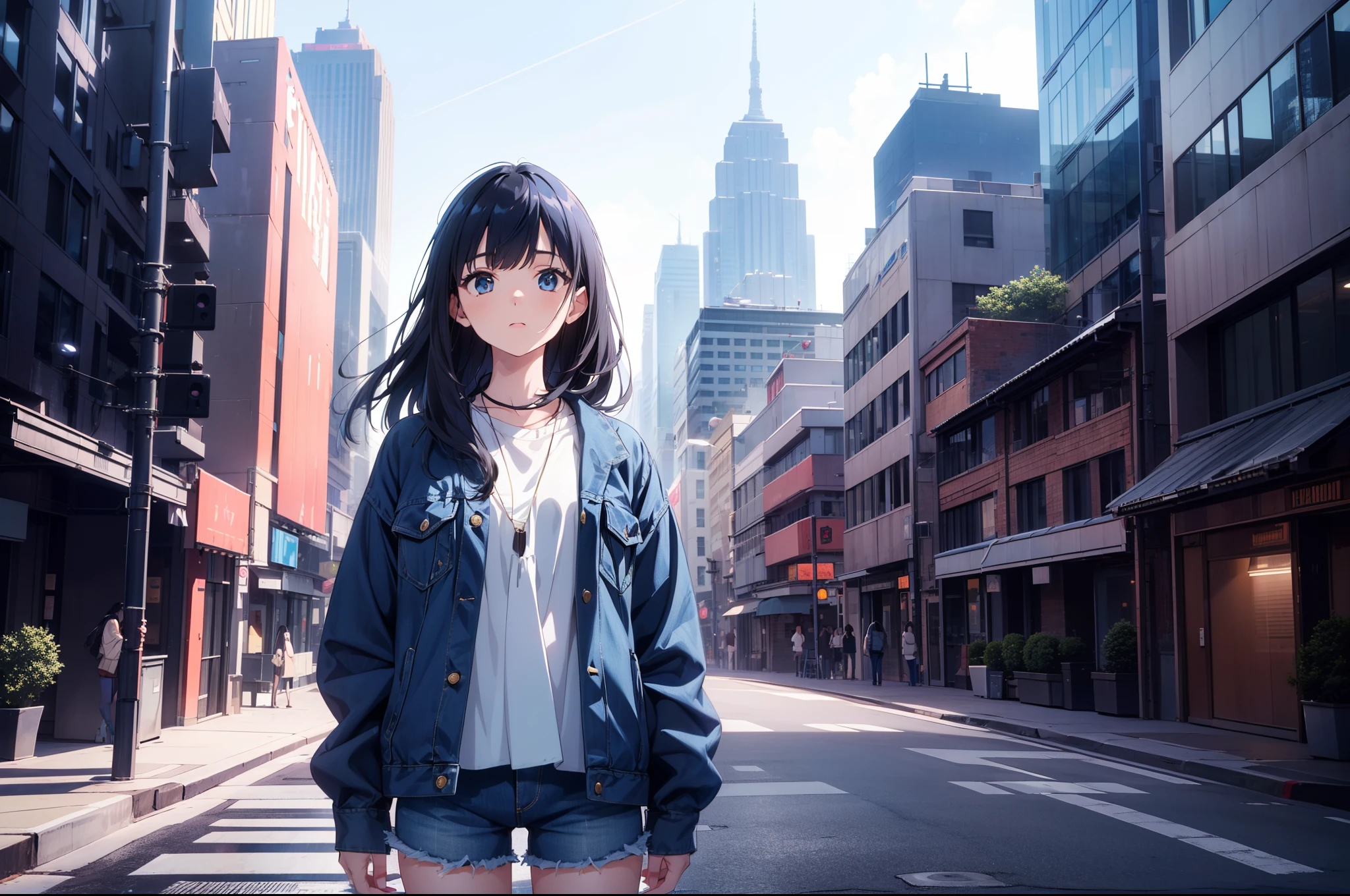 1 cute girl, (upper body) , close to viewer, character focus ,((one-point perspective)), standing on road, background skyscrapers, looking away, (from below:0.6), dark blue Denim Jacket, white short pants, black long hair, floating hair ,cinematic lighting , ((masterpiece)), ((best quality)), ((ultra-detailed)), (illustration), ((an extremely delicate and beautiful))