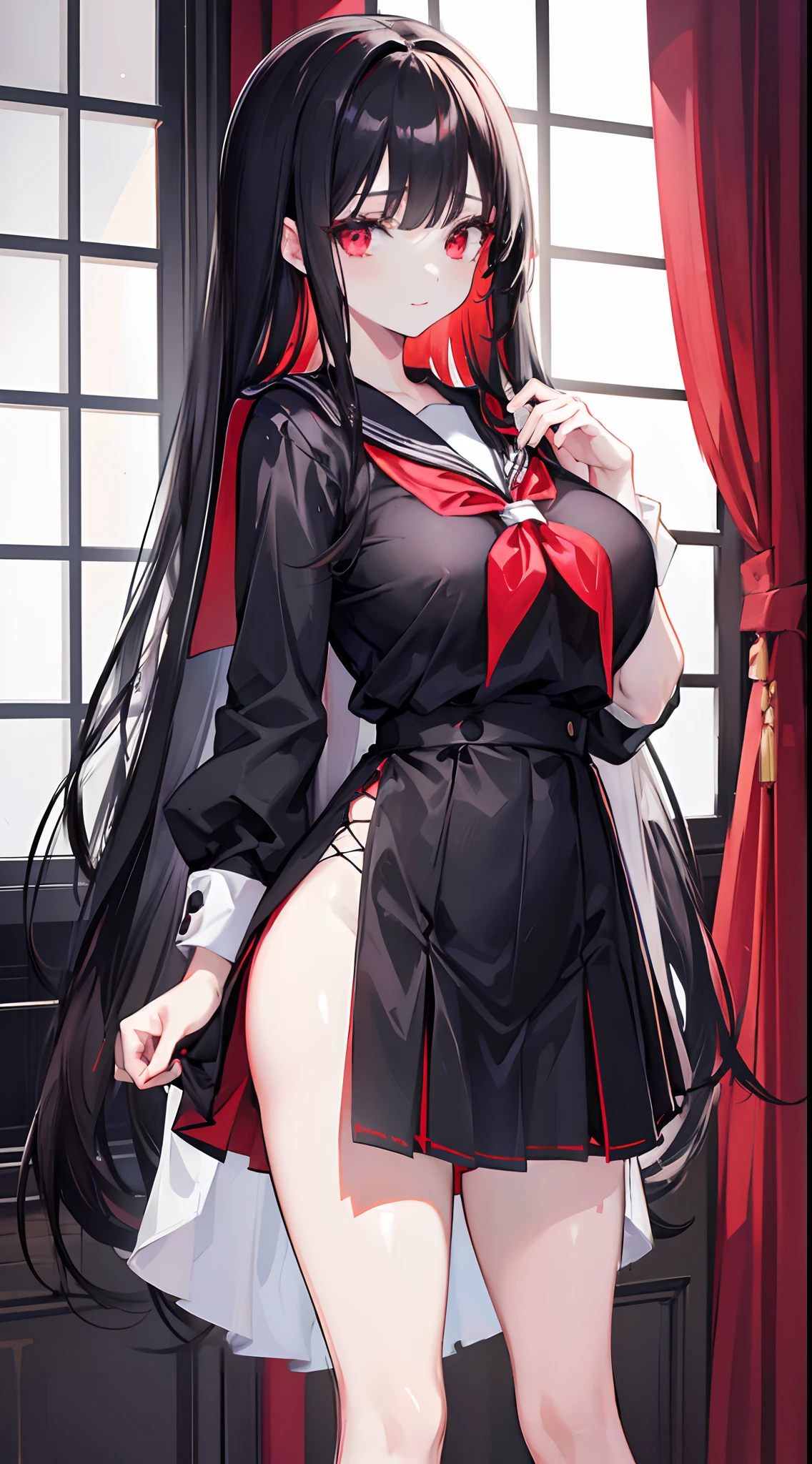 Long black hair that reaches the waist,Light red eyes,Thin hair curtain,Two hair curtains on both sides,dishiveredhair,chiquita,Sailor uniform school uniform,huge tit,White skin of the,with hands behind her back,light smile,black lence stockings,Whole body diagram,Eye highlights,In school