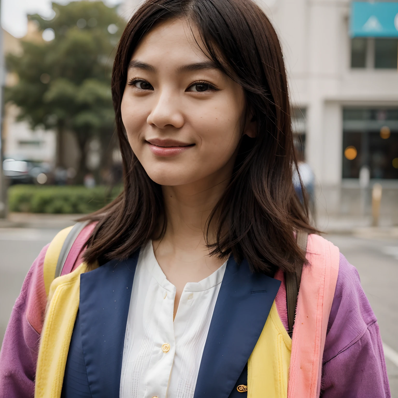 could create an image close up of quirky, 30 year old female asian student wearing stylish, hipster colorful modern clothes, with an impressed, happy expression, real person, unique facial features, wes anderson inspired, --ar 16:9 --s 750